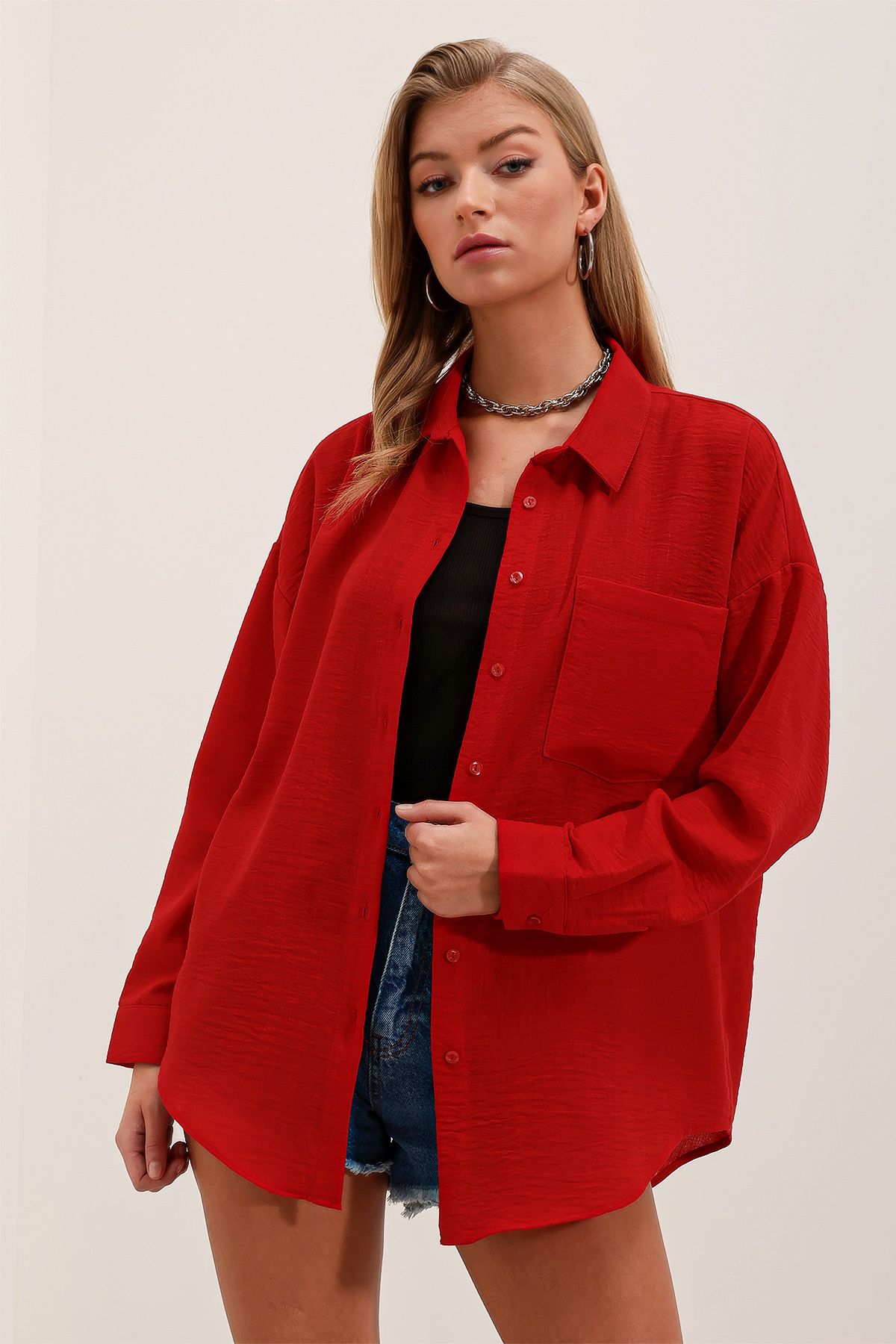 Bigdart-20153 Oversize-Leinenhemd mit einer Tasche – Rot 4