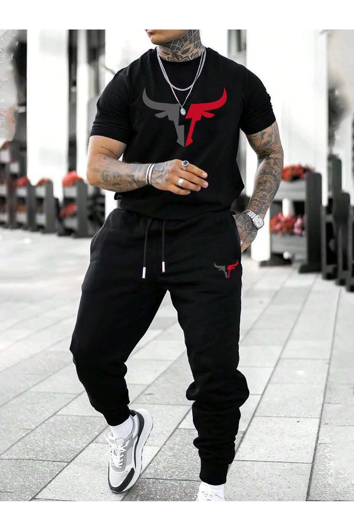 Hunors Sportswear & Company Bull nyomott póló fekete melegítőnadrág Jogger - Alsó nyomott felső izzasztóruha, nyakú