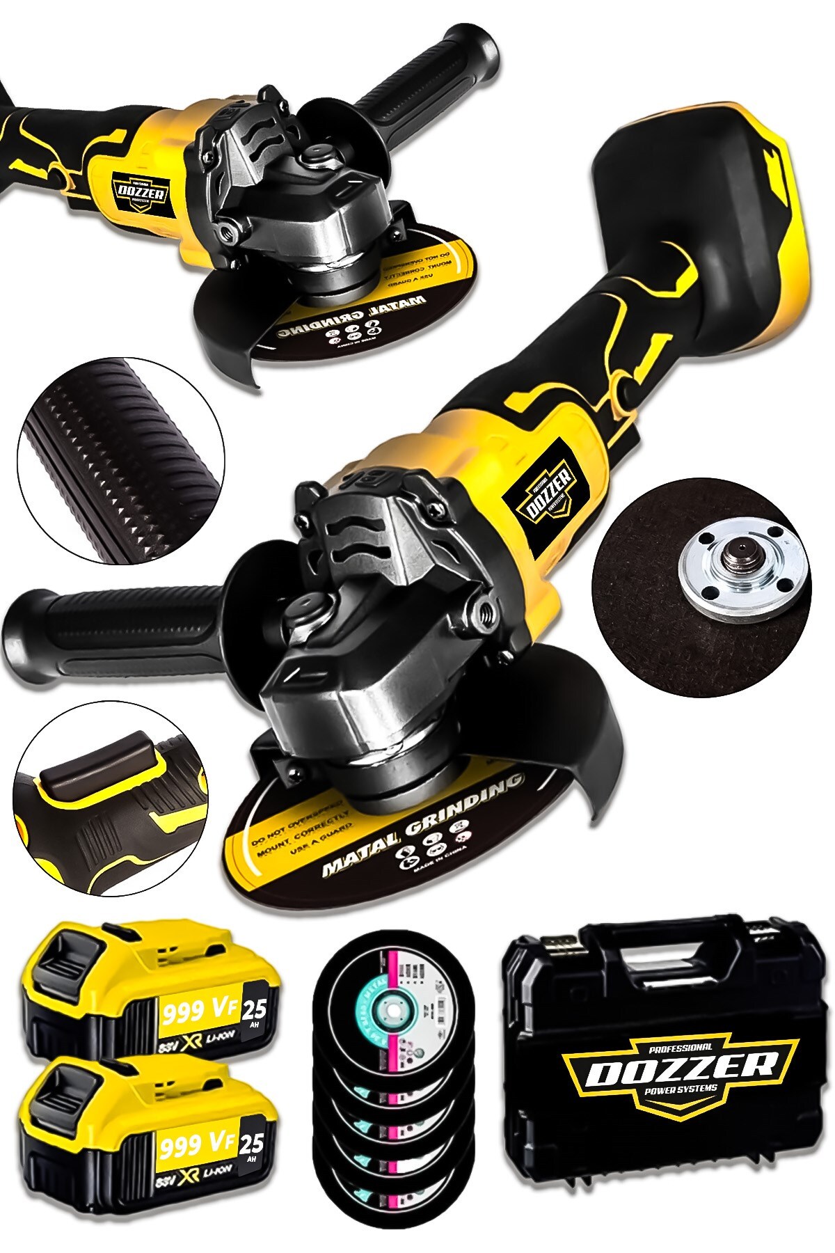 DOZZER Alman Kömürsüz Motor 999Vf 25Ah 2x Akülü 115Mm Taşlama Spiral Kesme Makinesi +5 Taş Hediye