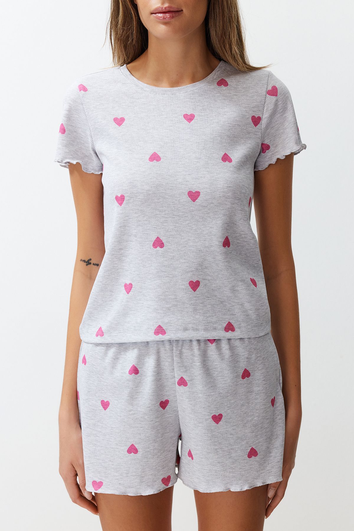 Trendyol Collection-Hearted Gray Melange Slogan Pajama Shorts Set - Thmss24Pt00220 3