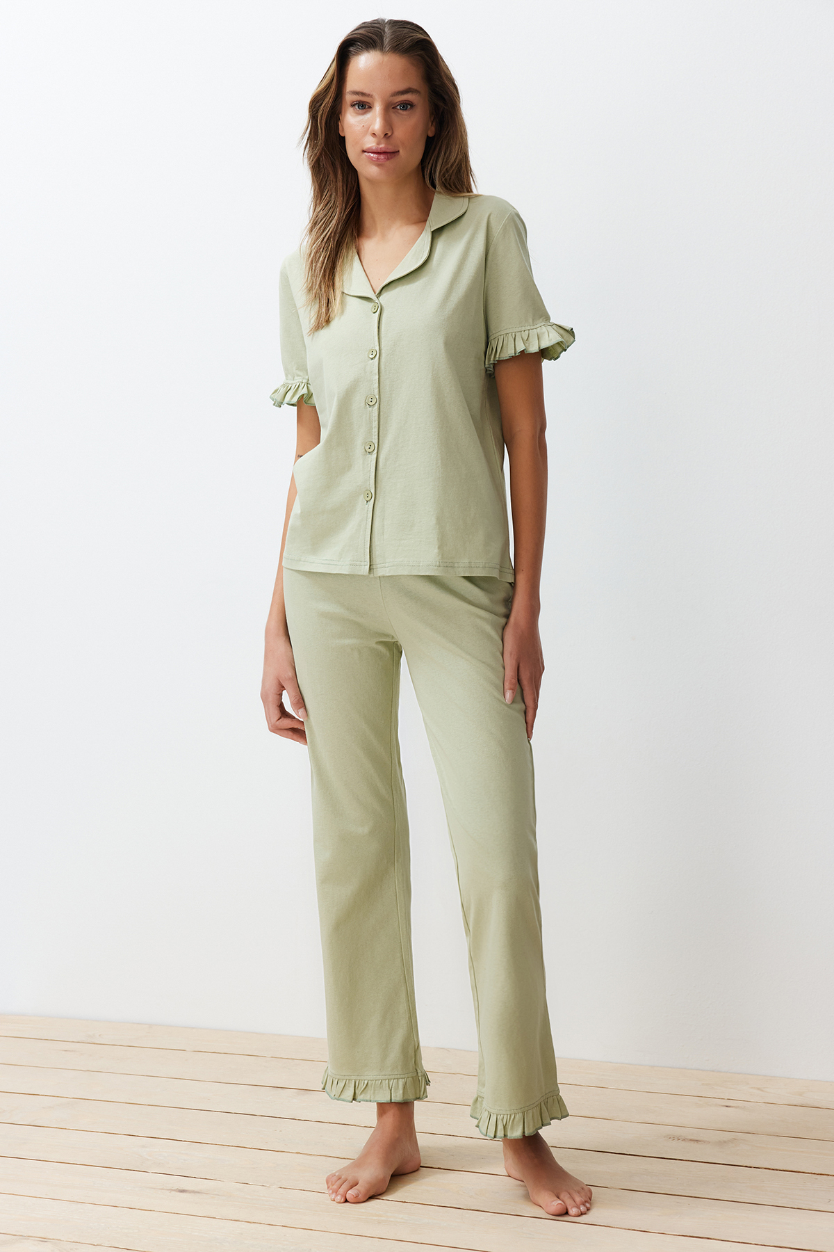 Trendyolmilla  Mint %100 Pamuklu Fırfır Detaylı Örme Pijama Takımı THMSS24PT00223 - Görsel 3