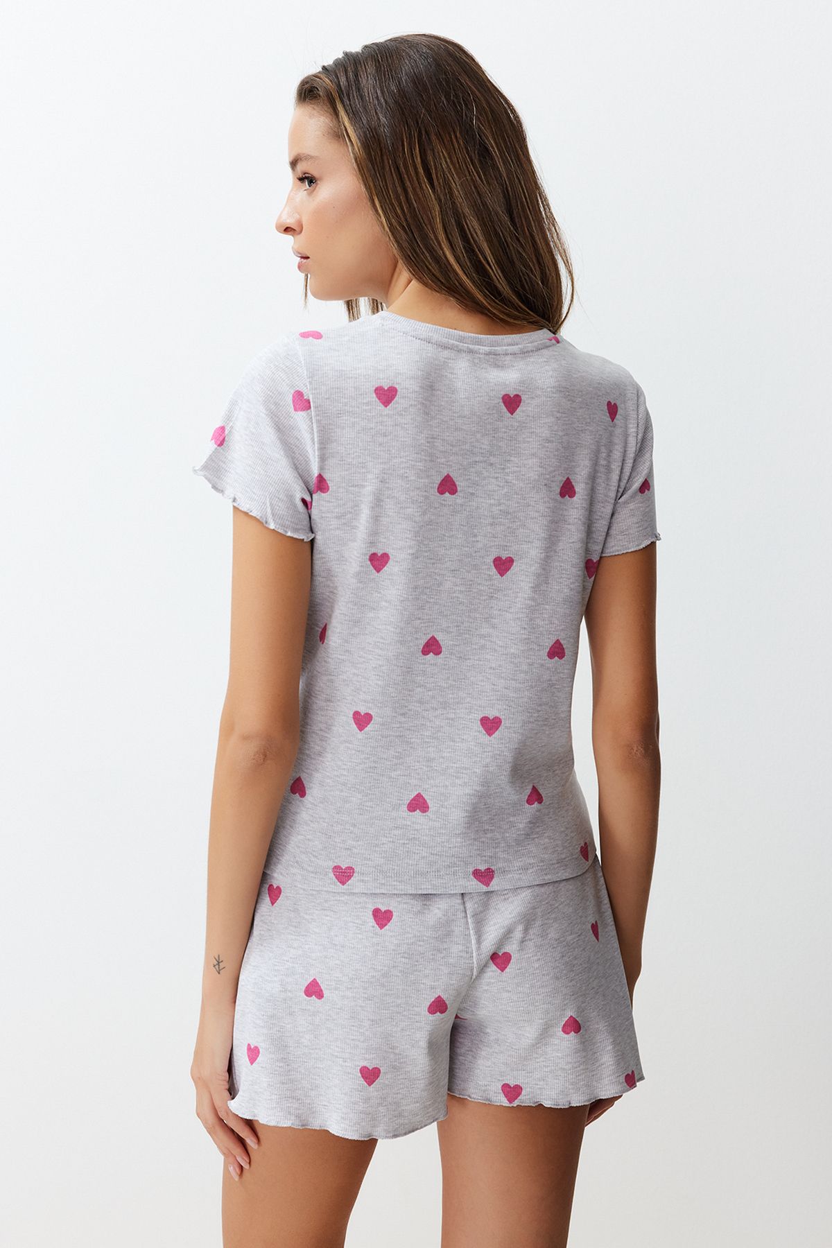 Trendyol Collection-Hearted Gray Melange Slogan Pajama Shorts Set - Thmss24Pt00220 5