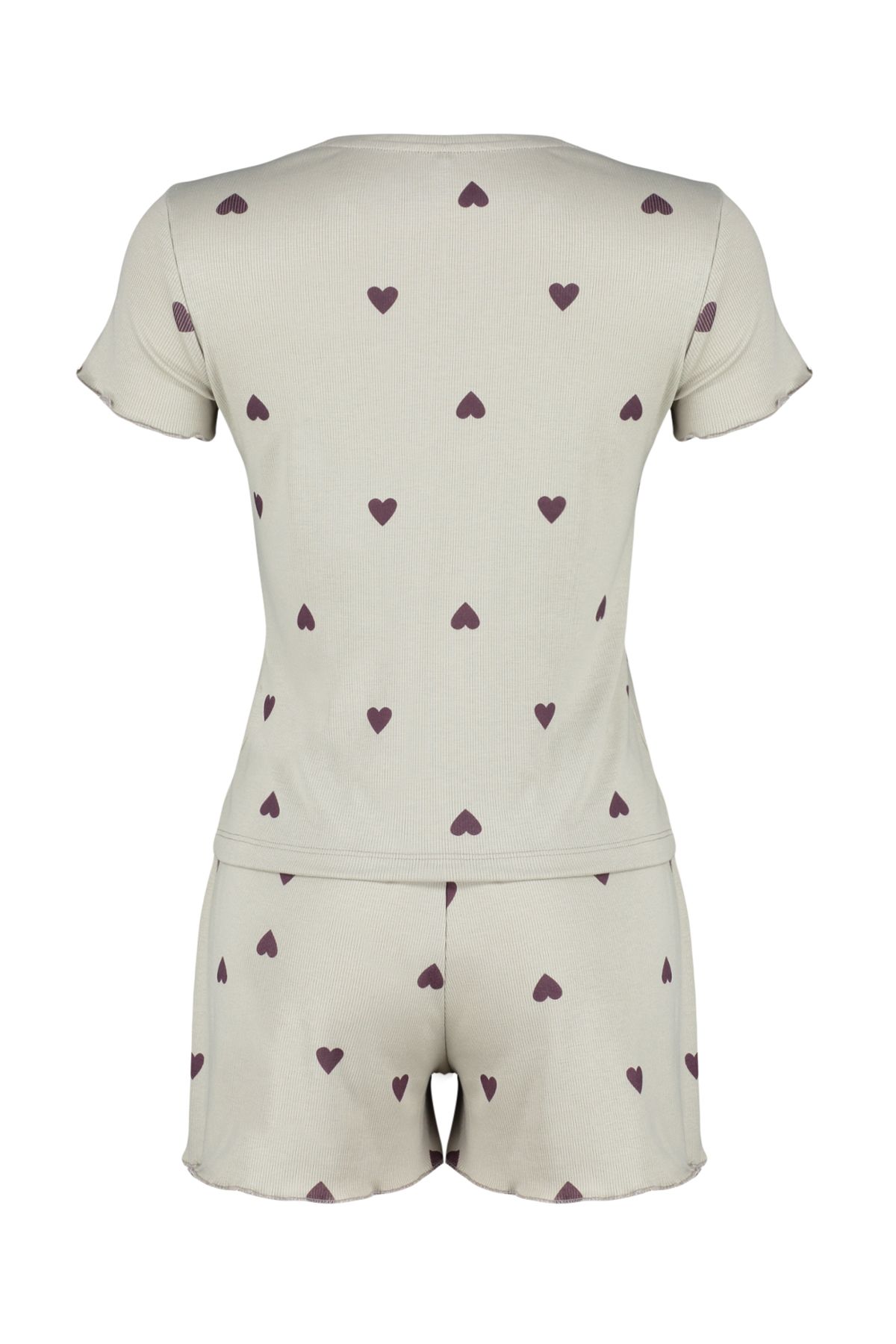 Trendyol Collection-Mintfarbenes, mit Herz-Slogan bedrucktes, elastisches, geripptes Shorts-Strick-Pyjama-Set THMSS24PT00220 8