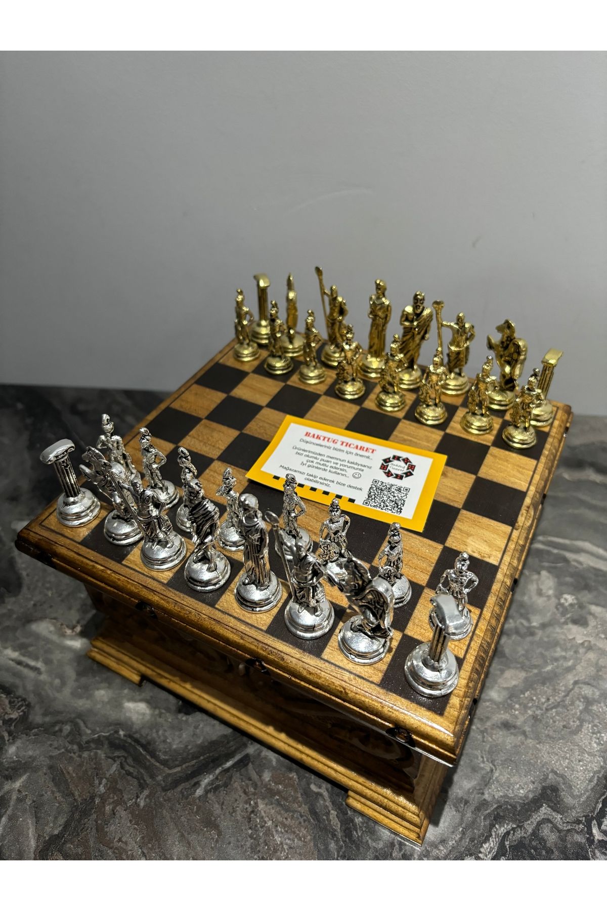 BAKTUĞ-Custom Made Chess Box with Lid 20x20 +Iron Cast Chess Set 3