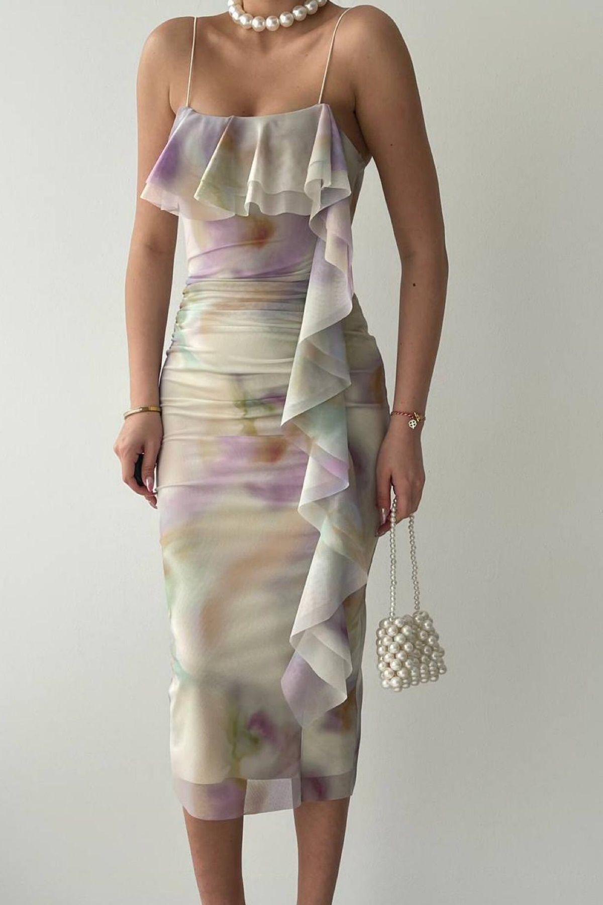 bayansepeti Rochie Midi Cu Curele De Cauciuc, Cu Model De Tie-dye, Căptușită Din Țesătură Din Tul, Cu Volantă 232 Femeie - L