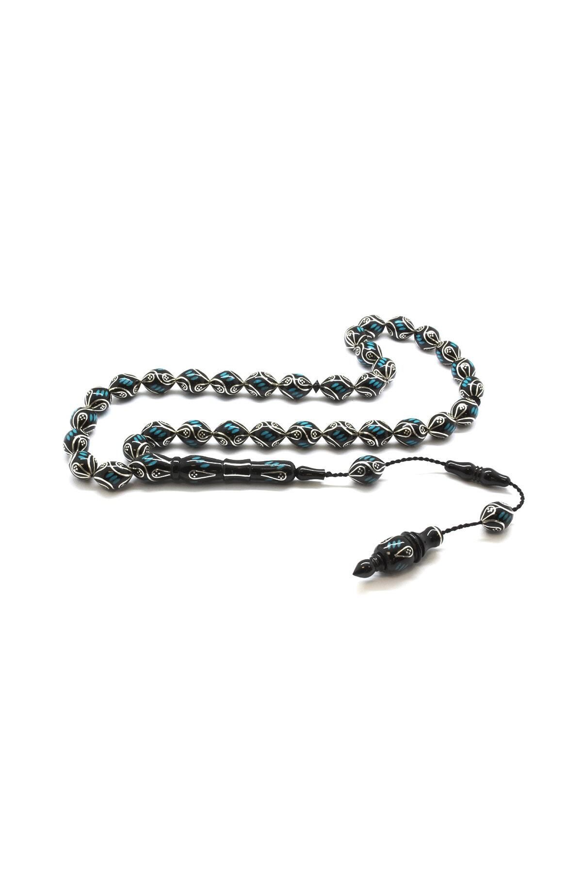 Tesbihane-Caliper Craftsmanship Silver-Firuze Embroidered Barley Cut Erzurum Oltu Stone Rosary (M-2)101001838 1