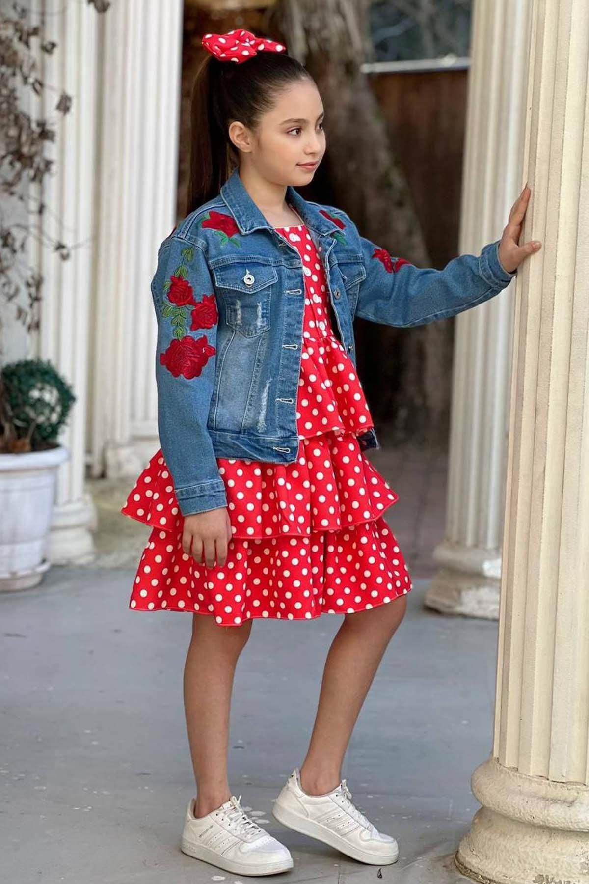 Riccotarz Girl s Flower Printed Denim Jacket Polka Dot Layered Pleated Red Dress Trendyol