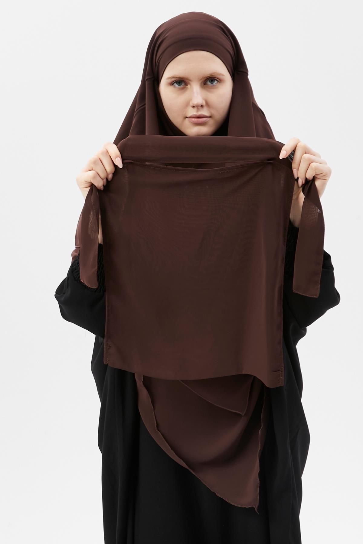Altobeh-Ready Practical Chiffon Triple Layer with Veil Triangle Hajj Umrah Shawl Souffle Hijab Nikap Brown Color 7