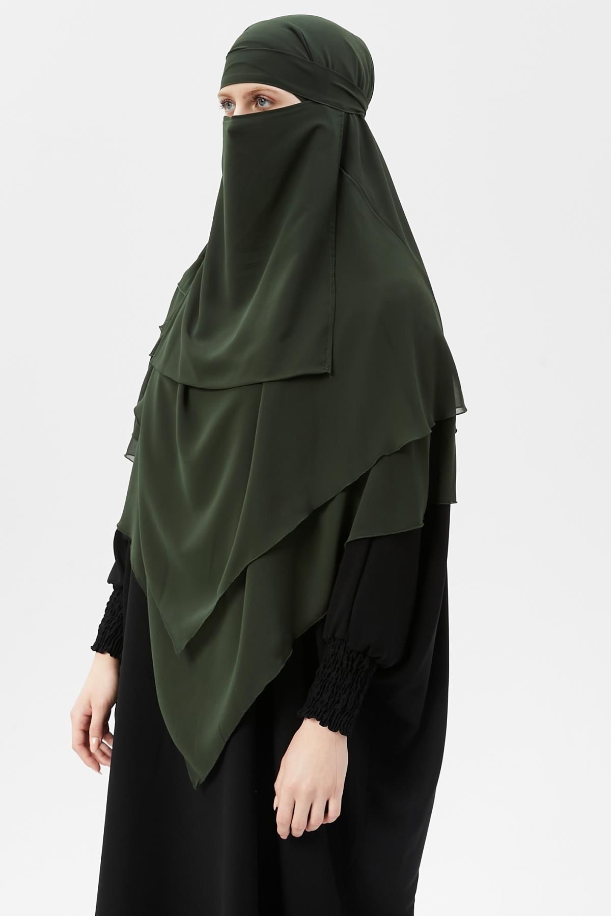 Altobeh-Ready Practical Chiffon Triple Layer with Veil Triangle Hajj Umrah Shawl Souffle Hijab Nikap Khaki 5