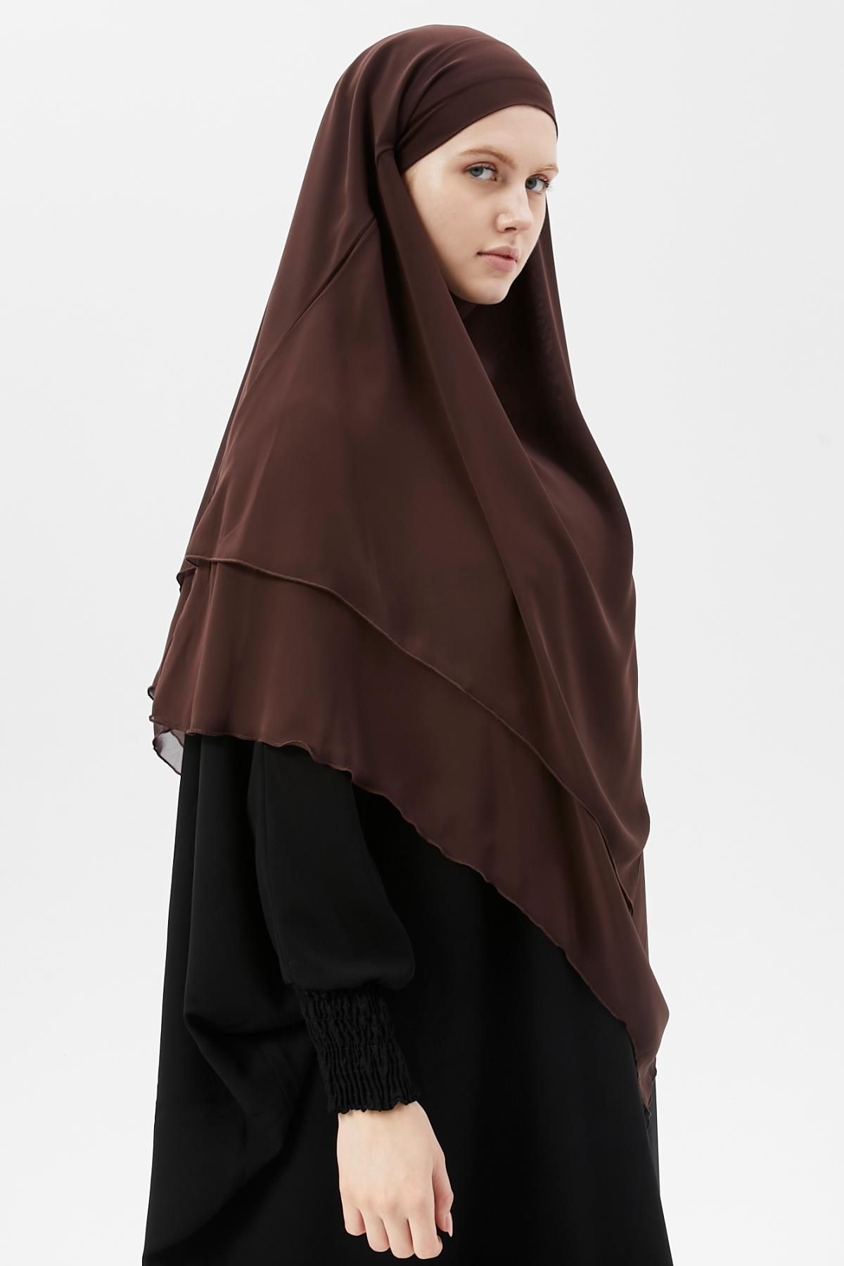 Altobeh-Ready Practical Chiffon Triple Layer with Veil Triangle Hajj Umrah Shawl Souffle Hijab Nikap Brown Color 2