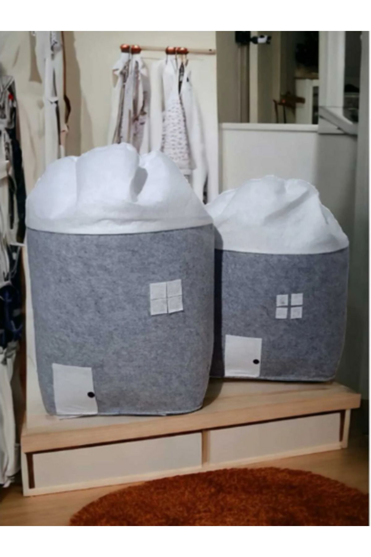 CimriKese-Large Size Felt House Patterned Toy and Laundry Basket with Bag 2