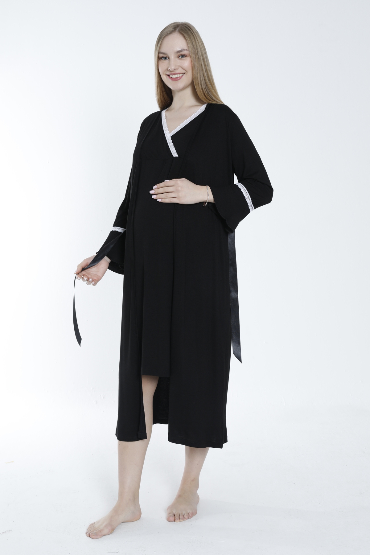 Miss Dünya Lissa Siyah Dantel Detaylı Hamile Ve Lohusa Gecelik Takımı fotoğrafı 2 (önizleme)