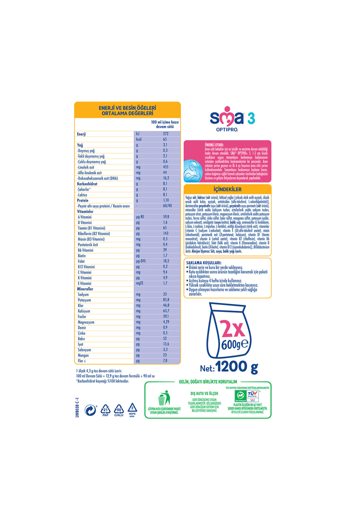 SMA Optipro 2 Devam Sütü 1200 gr 2 Adet fotoğrafı 4 (önizleme)