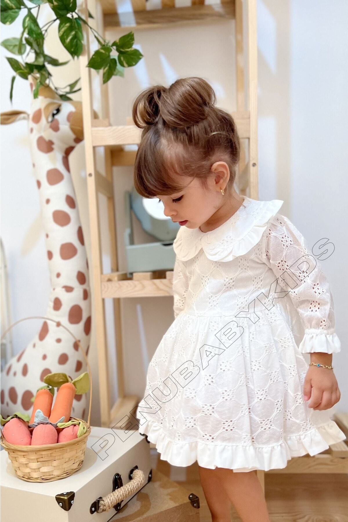 Beyaz Fistolu Bebe Yaka Uzun Kol Kız Bebek Elbise - Angel