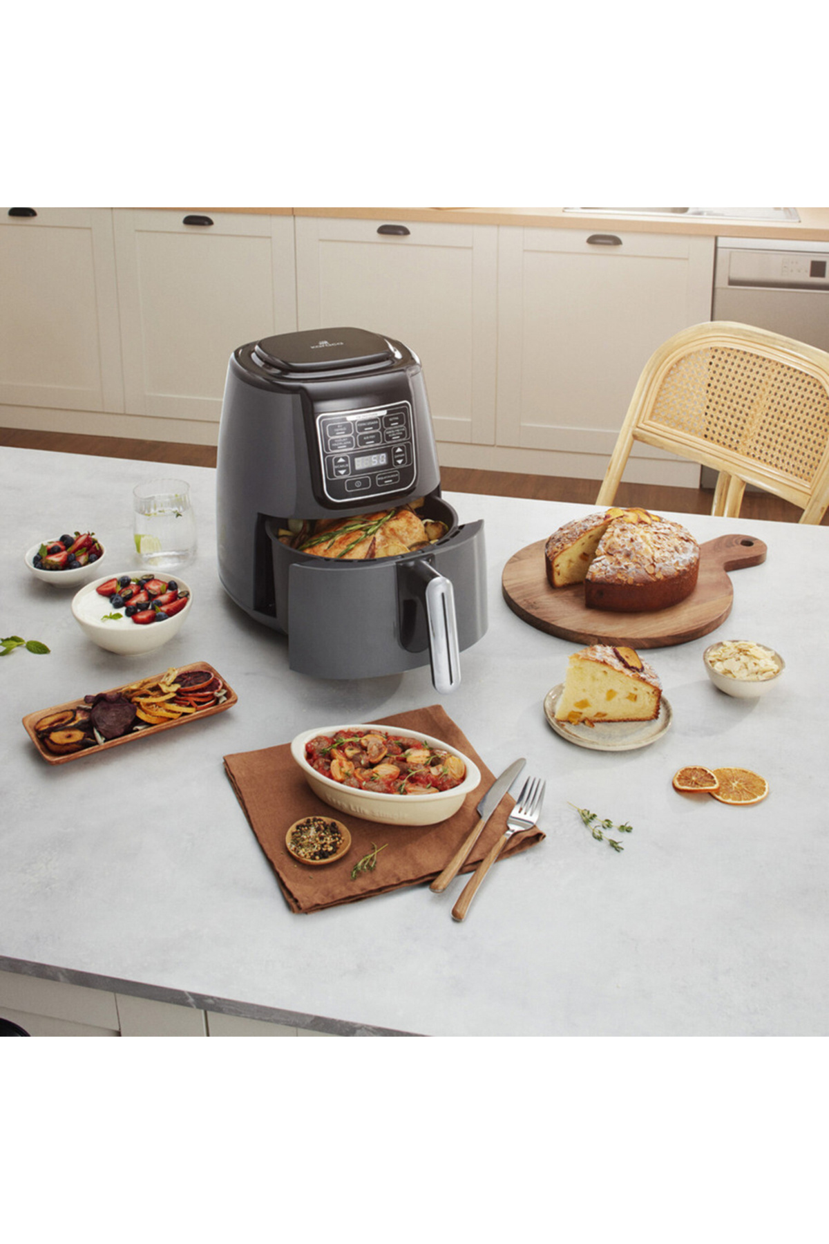 Air Cook XL 2 in 1 Airfryer Raum Grau Schwarz, Fritten, Hausjoghurt, Trockene Gemüse Obstsort