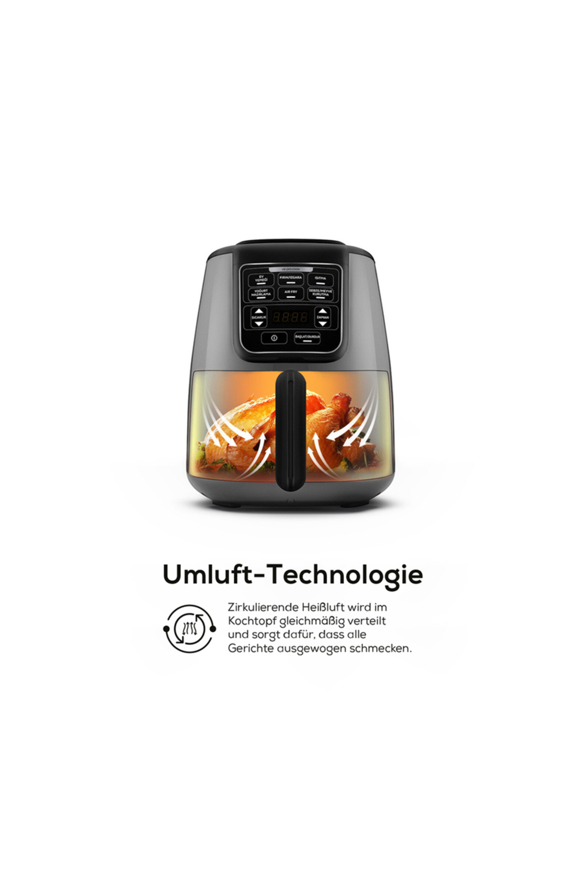 Air Cook XL 2 in 1 Airfryer Raum Grau Schwarz, Fritten, Hausjoghurt, Trockene Gemüse Obstsort