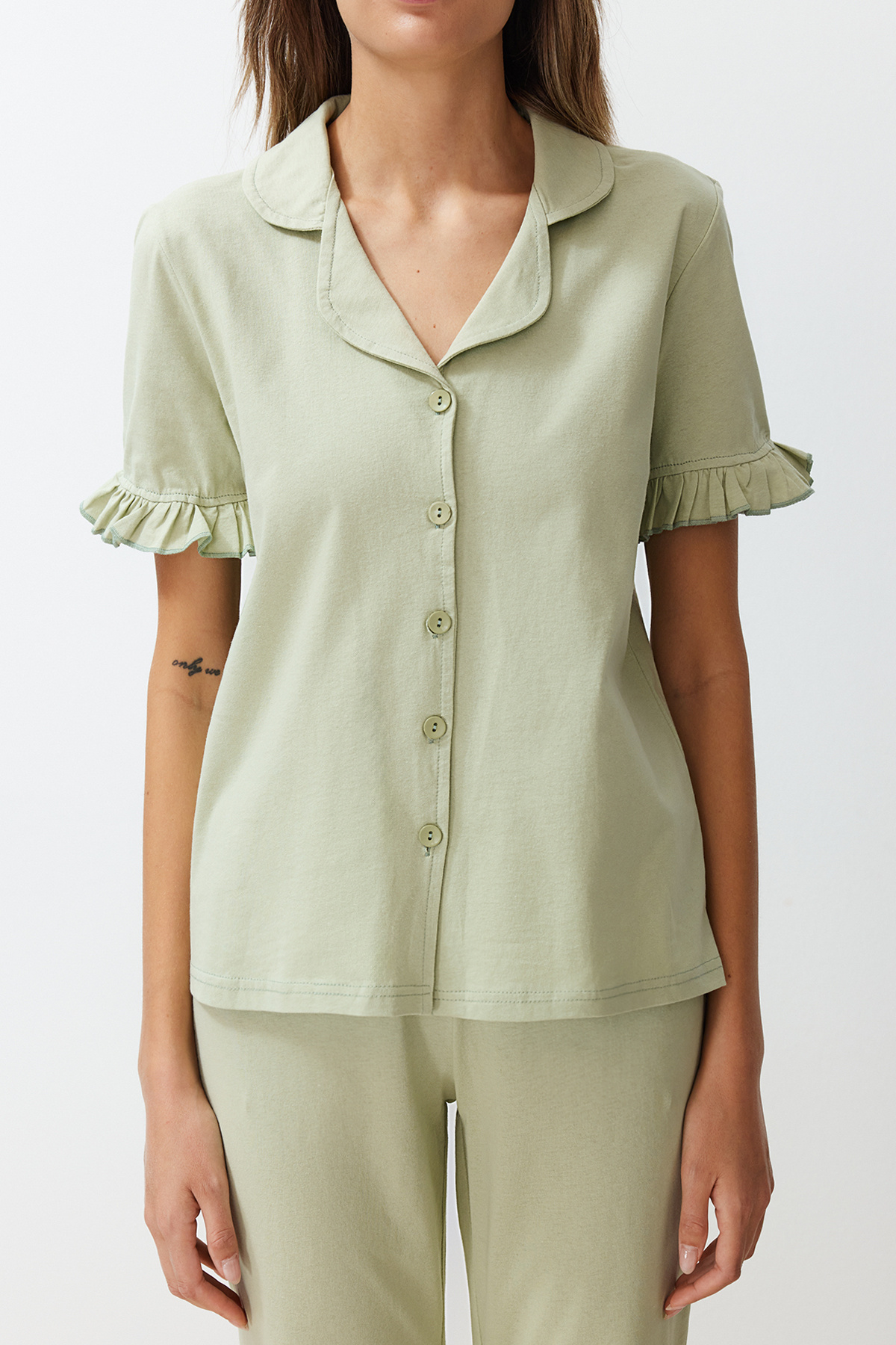 Trendyolmilla  Mint %100 Pamuklu Fırfır Detaylı Örme Pijama Takımı THMSS24PT00223 - Görsel 4