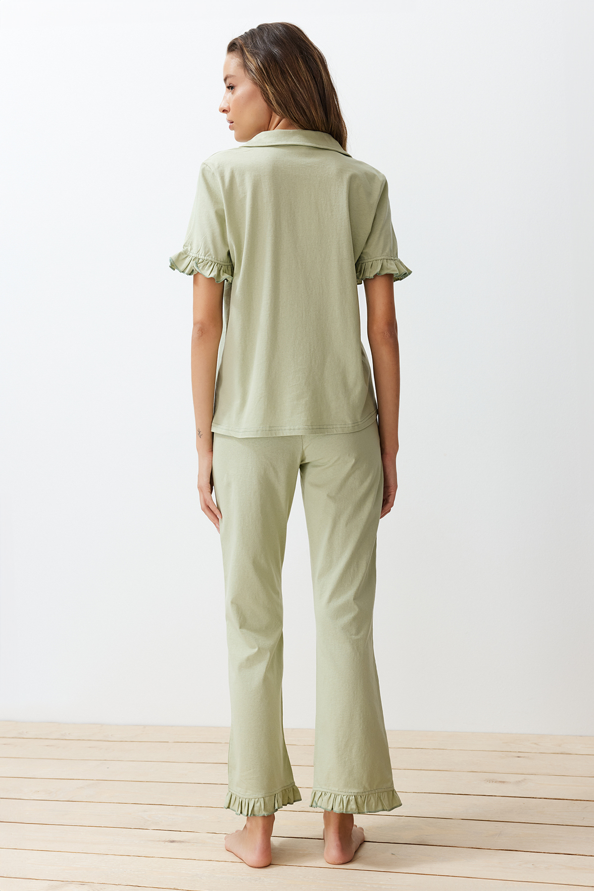 Trendyolmilla  Mint %100 Pamuklu Fırfır Detaylı Örme Pijama Takımı THMSS24PT00223 - Görsel 6