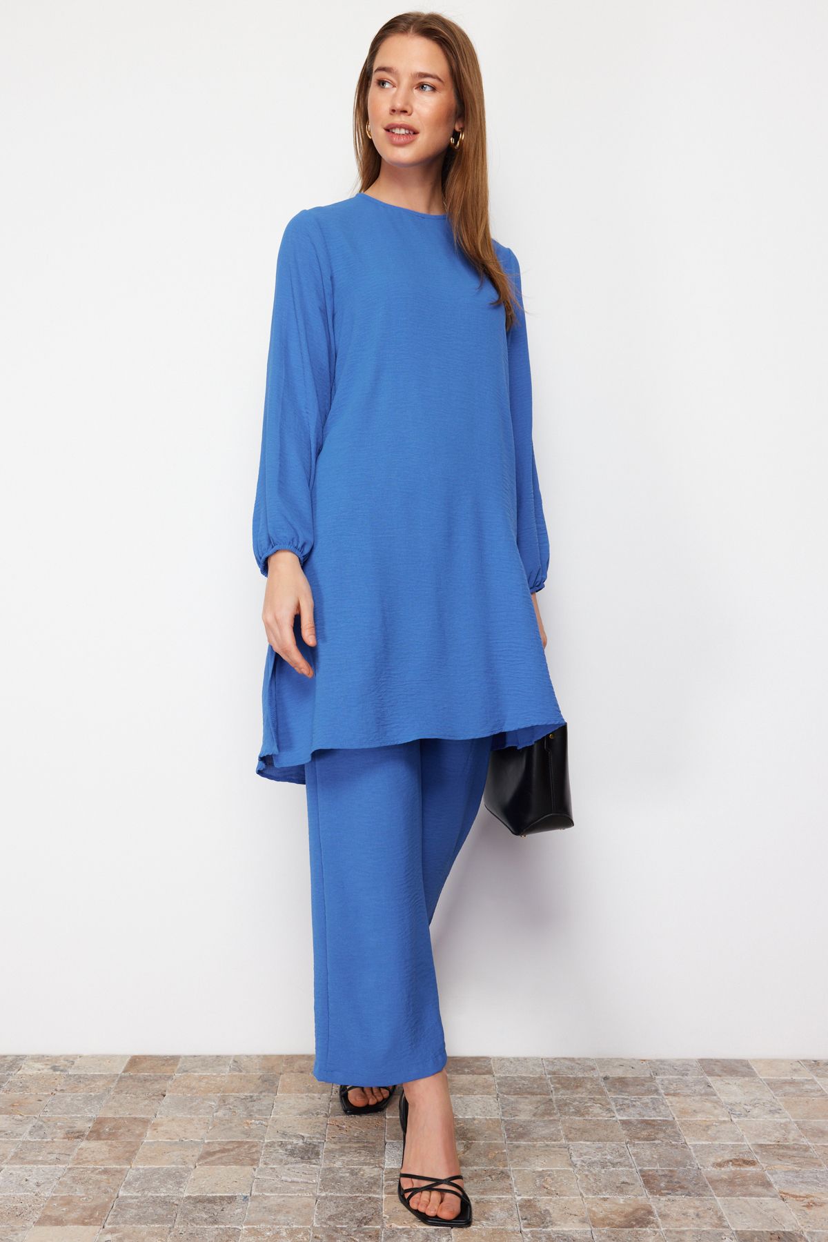 Trendyol Modest-Indigo ελαστικό μανίκι με φαρδύ πόδι Aerobin τουνίκ-παντελόνι υφαντό σετ TCTSS22US0023 3