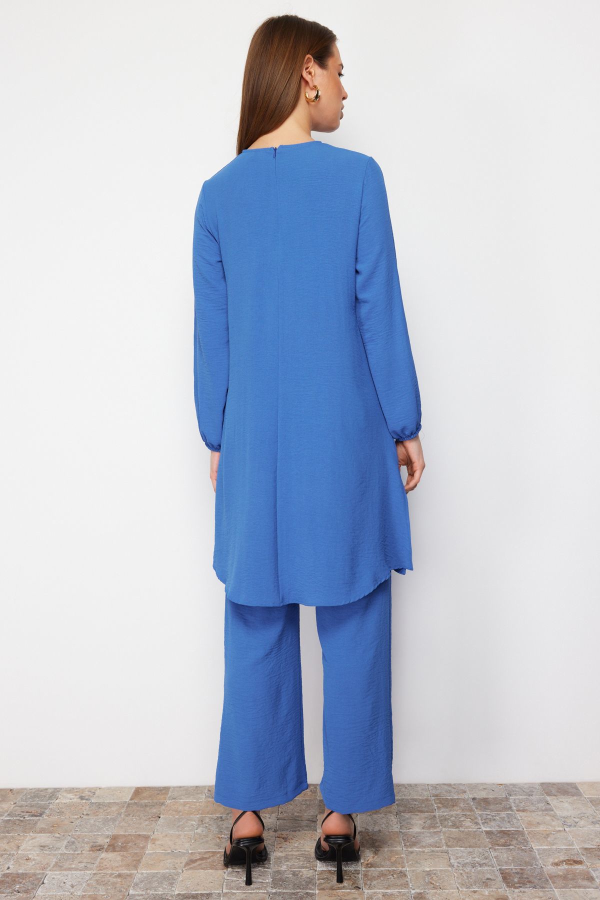Trendyol Modest-Indigo ελαστικό μανίκι με φαρδύ πόδι Aerobin τουνίκ-παντελόνι υφαντό σετ TCTSS22US0023 6