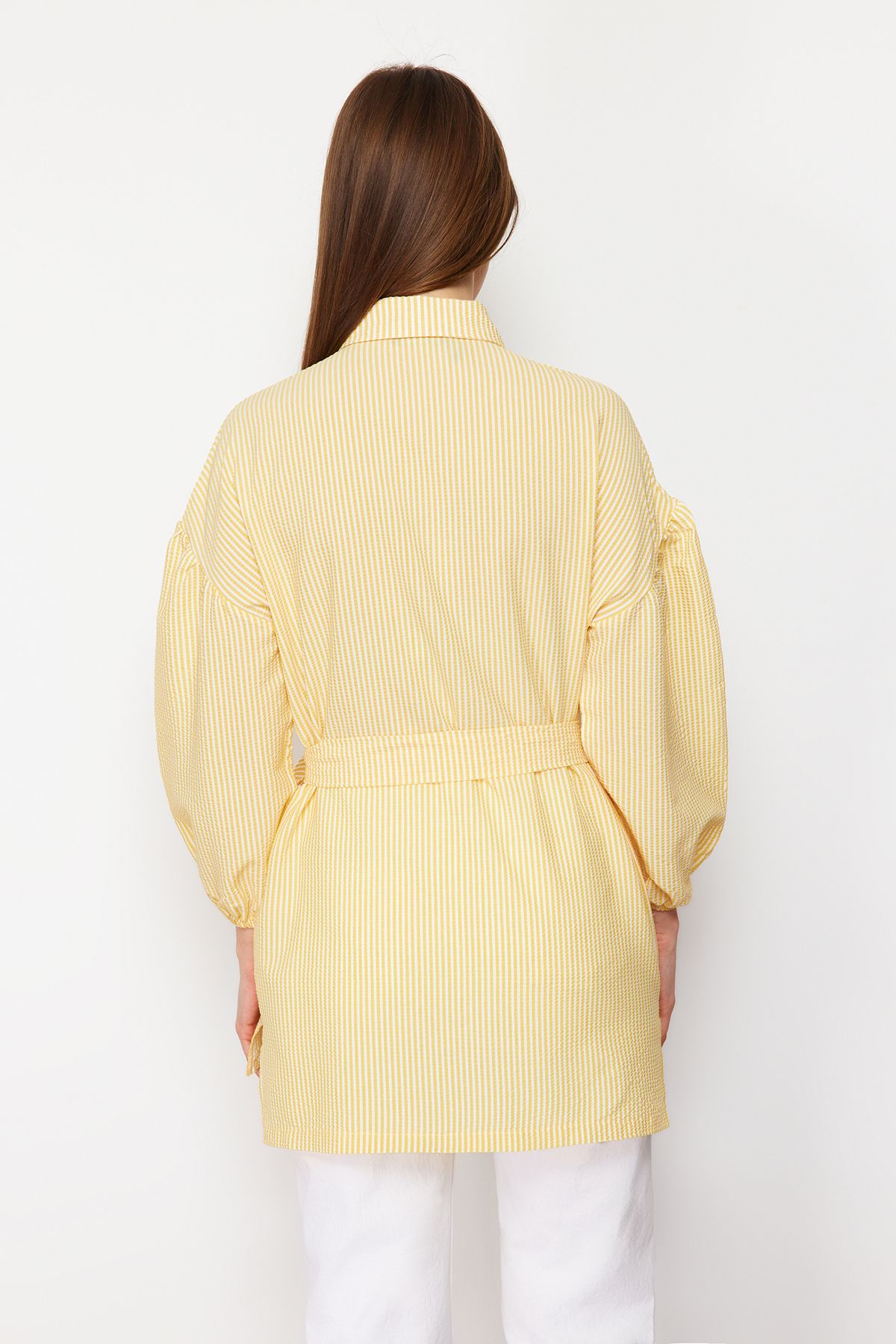 Trendyol Modest-Cămașă țesută cu mânecă balon cu curea galbenă în dungi TCTSS22GO0116 6