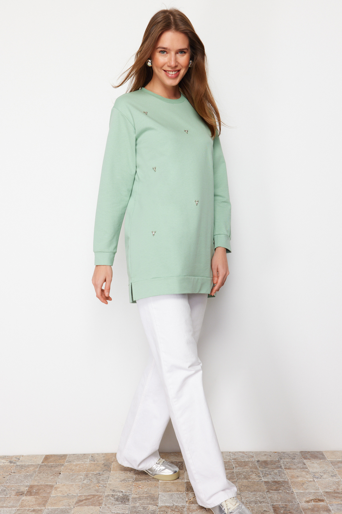 Trendyol Modest-Mintgrüne Stricktunika mit Rundhalsausschnitt und Steindetail TCTSS22TN0072 3