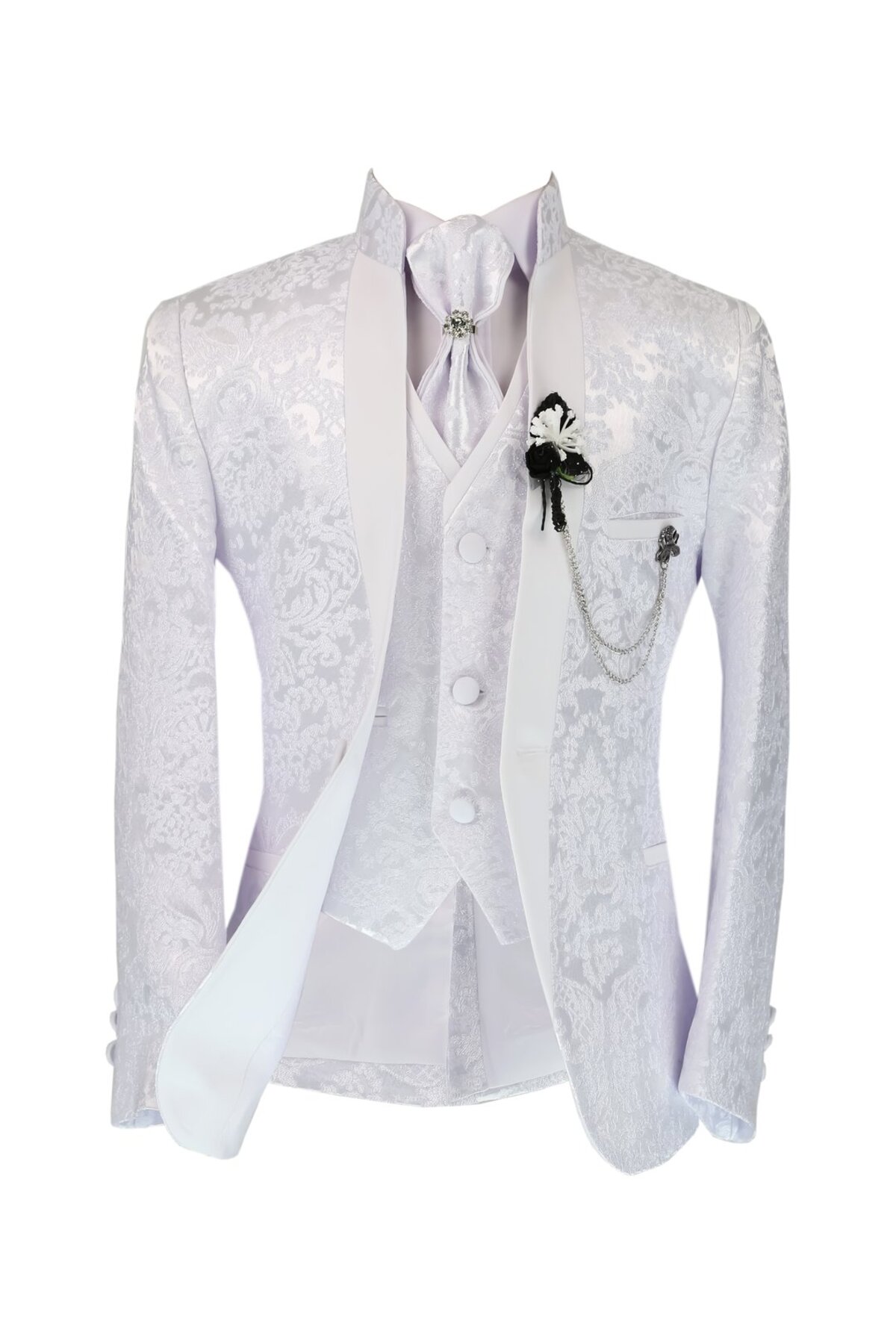  کت و شلوار دامادی پسرانه: کت، شلوار و جلیقه سفید یقه پدربزرگی