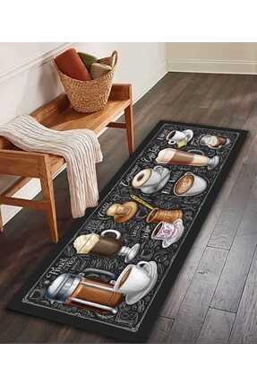 PRINTOPIA Siyah Kahveler Figürlü Kaymaz Taban Yıkanabilir Mutfak Halısı