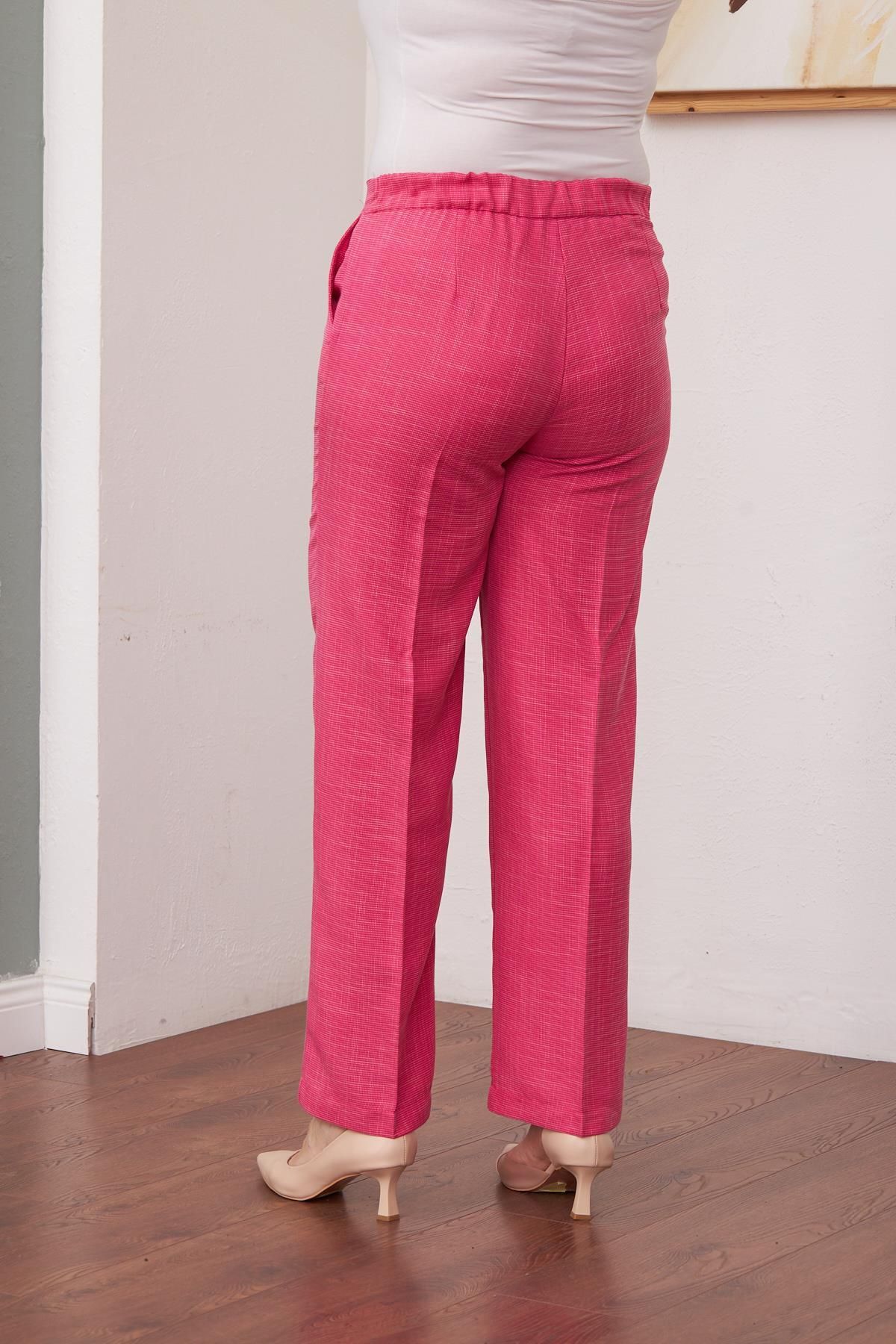 RMG-Wide Leg Plus Size Fuchsia Fabric Trousers with Elastic Waist 4