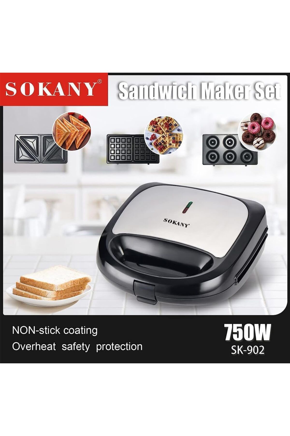 SOKANY-3 in 1 Multi-Purpose 750W Sandwich Maker, Waffle Maker, Donut Maker with Non-Stick Coating 2