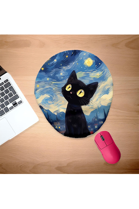 UcuruStore Çizim Sevimli Kara Kedi Bilek Destekli Mouse Pad