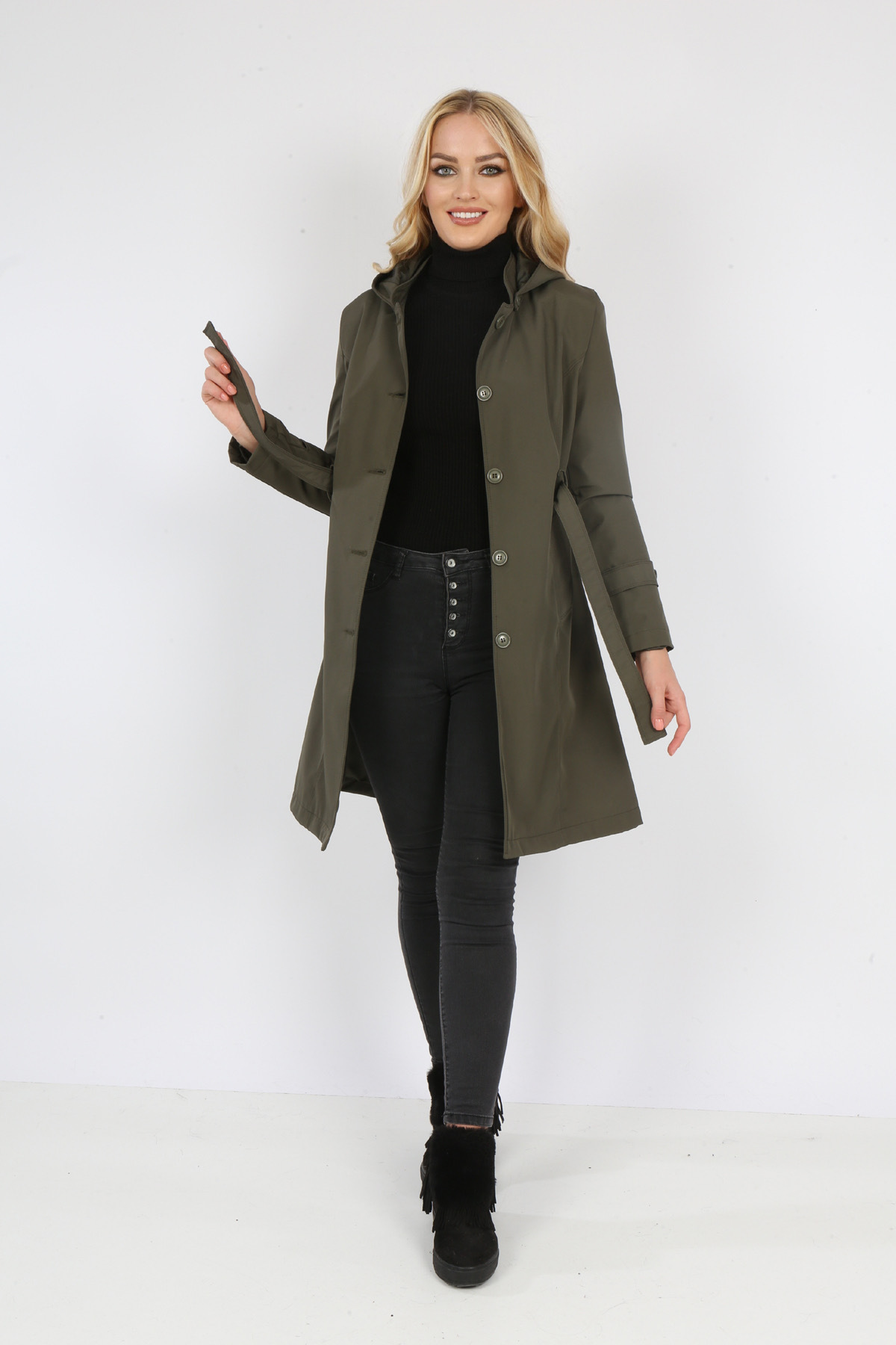 S&V TEKSTİL Kadın Haki Renk Yeni Trençkot Yağmurluk