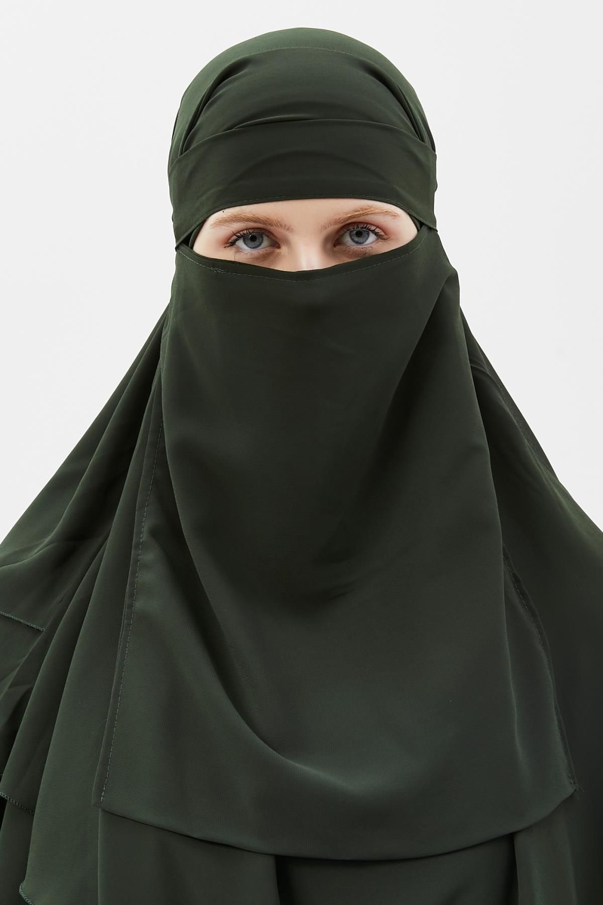 Altobeh-Ready Practical Chiffon Triple Layer with Veil Triangle Hajj Umrah Shawl Souffle Hijab Nikap Khaki 7