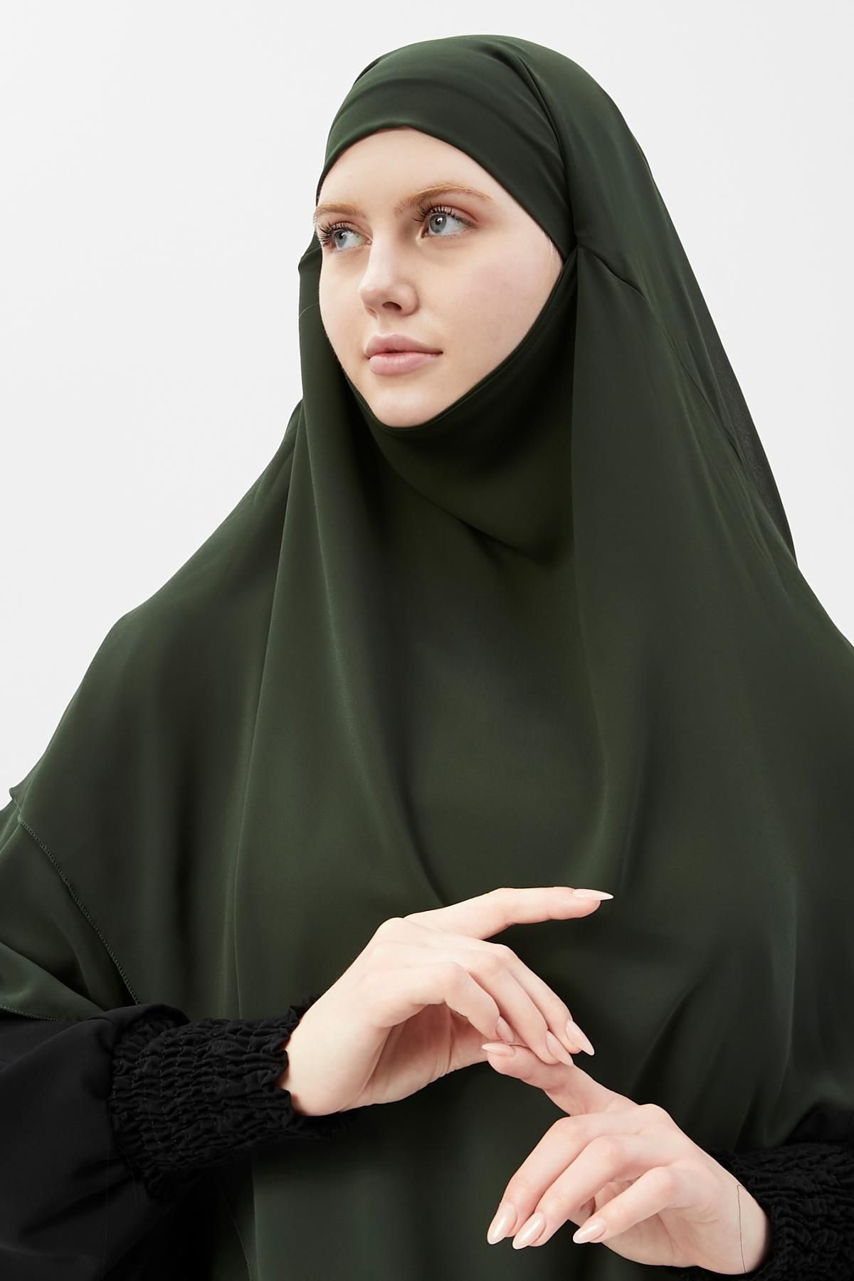 Altobeh-Ready Practical Chiffon Triple Layer with Veil Triangle Hajj Umrah Shawl Souffle Hijab Nikap Khaki 4