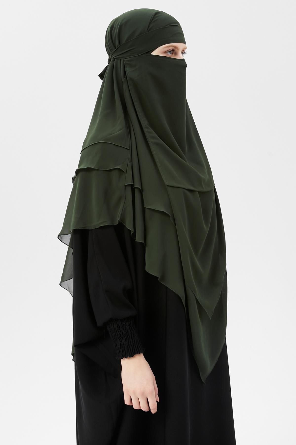 Altobeh-Ready Practical Chiffon Triple Layer with Veil Triangle Hajj Umrah Shawl Souffle Hijab Nikap Khaki 6