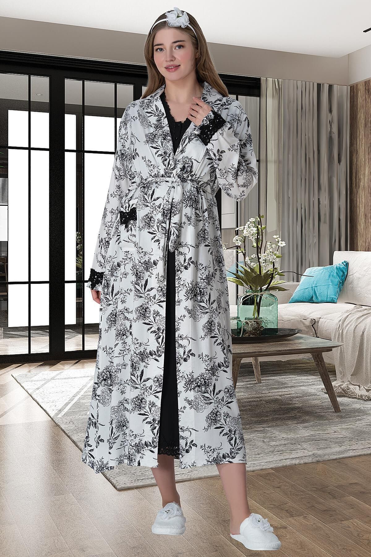 Lohussa-Women's Black Patterned Special Design Stretchy Cotton Maternity Dressing Gown Pajamas Set Nightgown Set 2