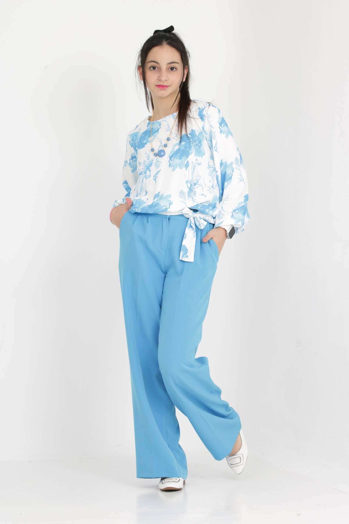 Young Girl Holiday Double Set Combination Trousers-Floral Patterned Shirt Set