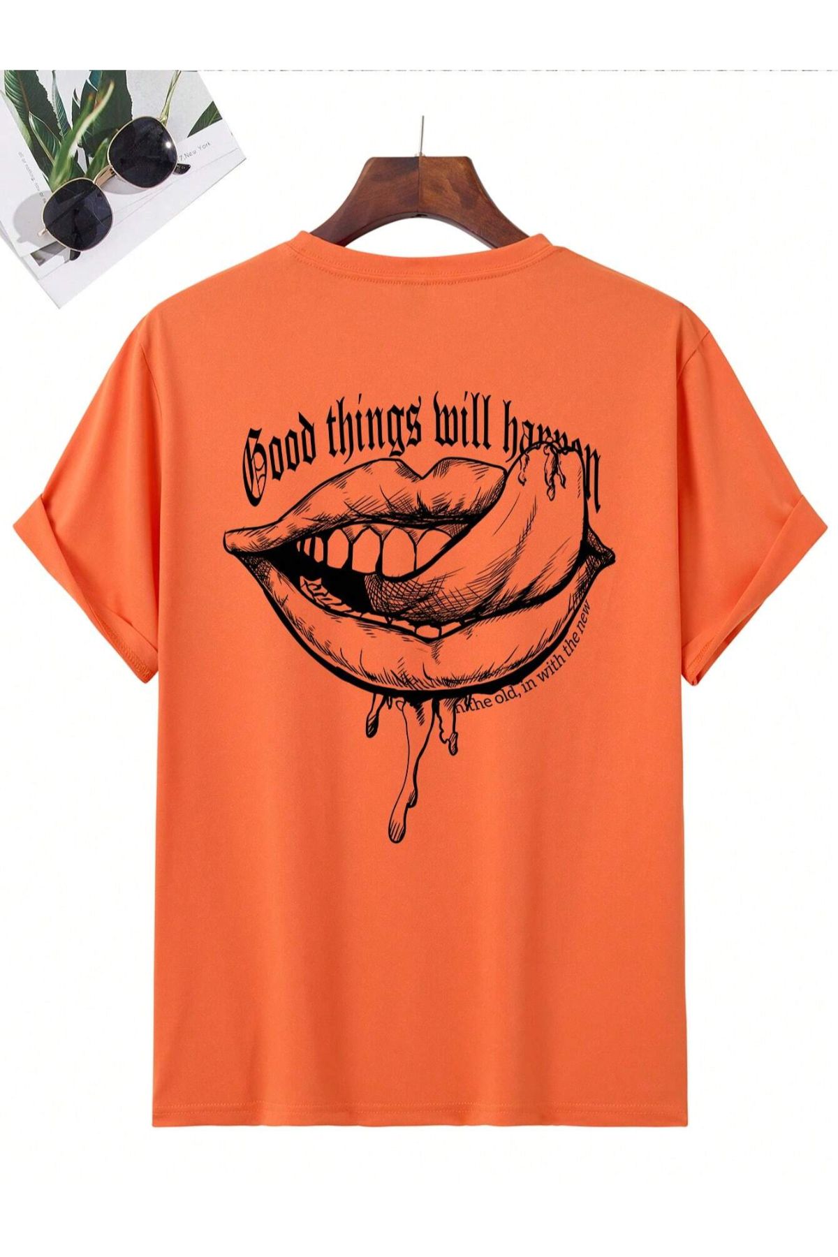 Black Sokak Orange Oversize Men s T Shirt Back Lip Printed Trendyol