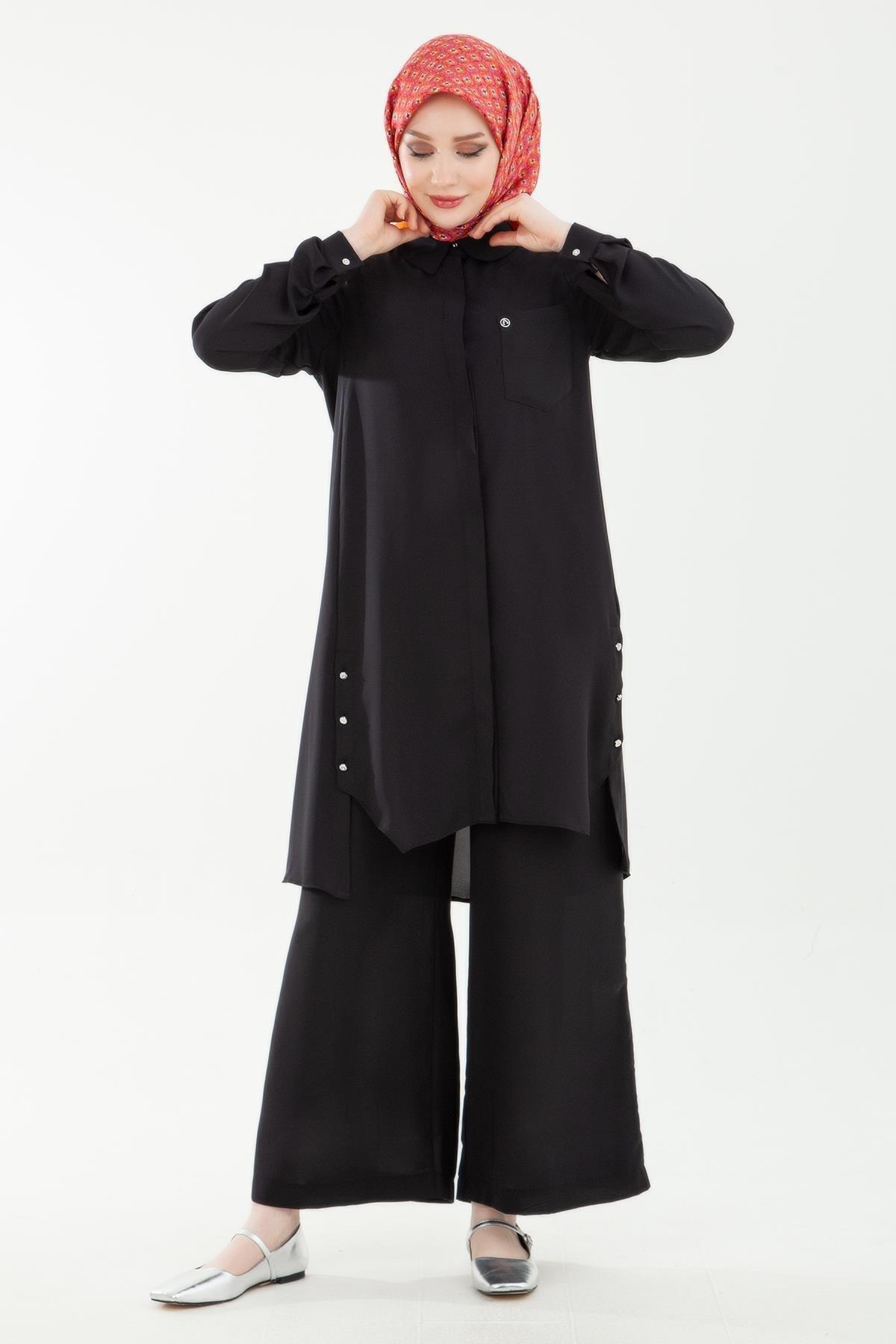 ARMİNE TREND Kadın Pantolonlu Beli Lastikli İkili Siyah Takım - 24YT629 - 