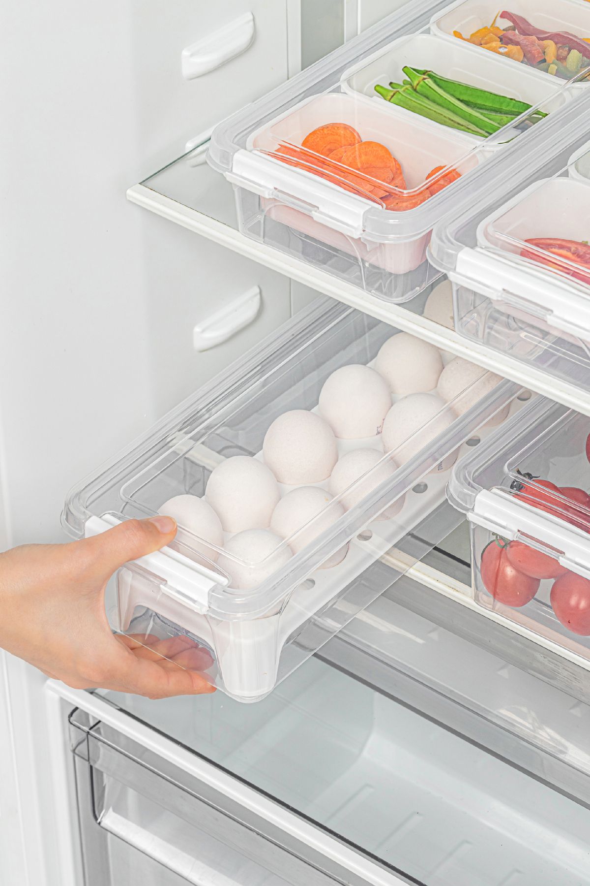 Vienev-Set of 4 Long Storage Containers with Lockable Lid 2x(2.5 Liter Boxed)2x(3.5 Liter Empty and with Egg Holder) 2