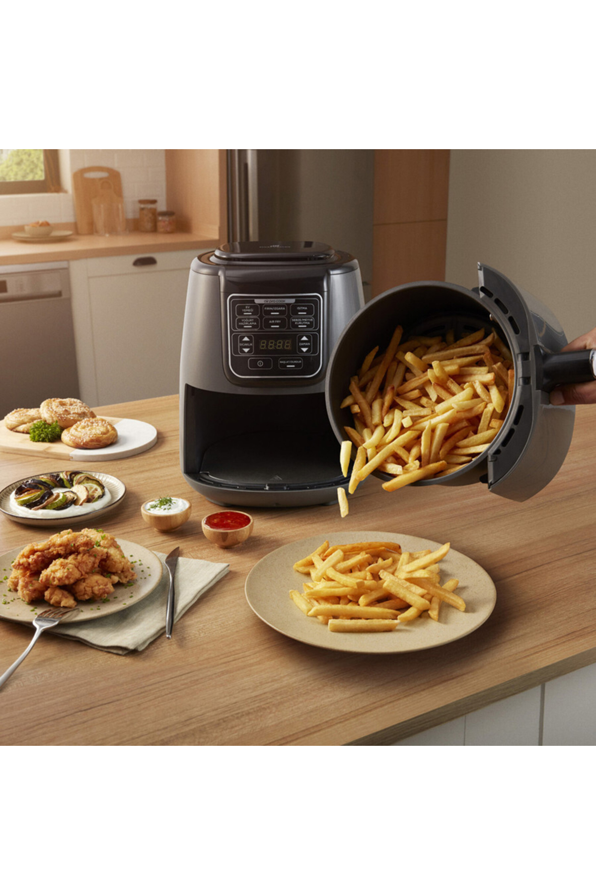 Air Cook XL 2 in 1 Airfryer Raum Grau Schwarz, Fritten, Hausjoghurt, Trockene Gemüse Obstsort