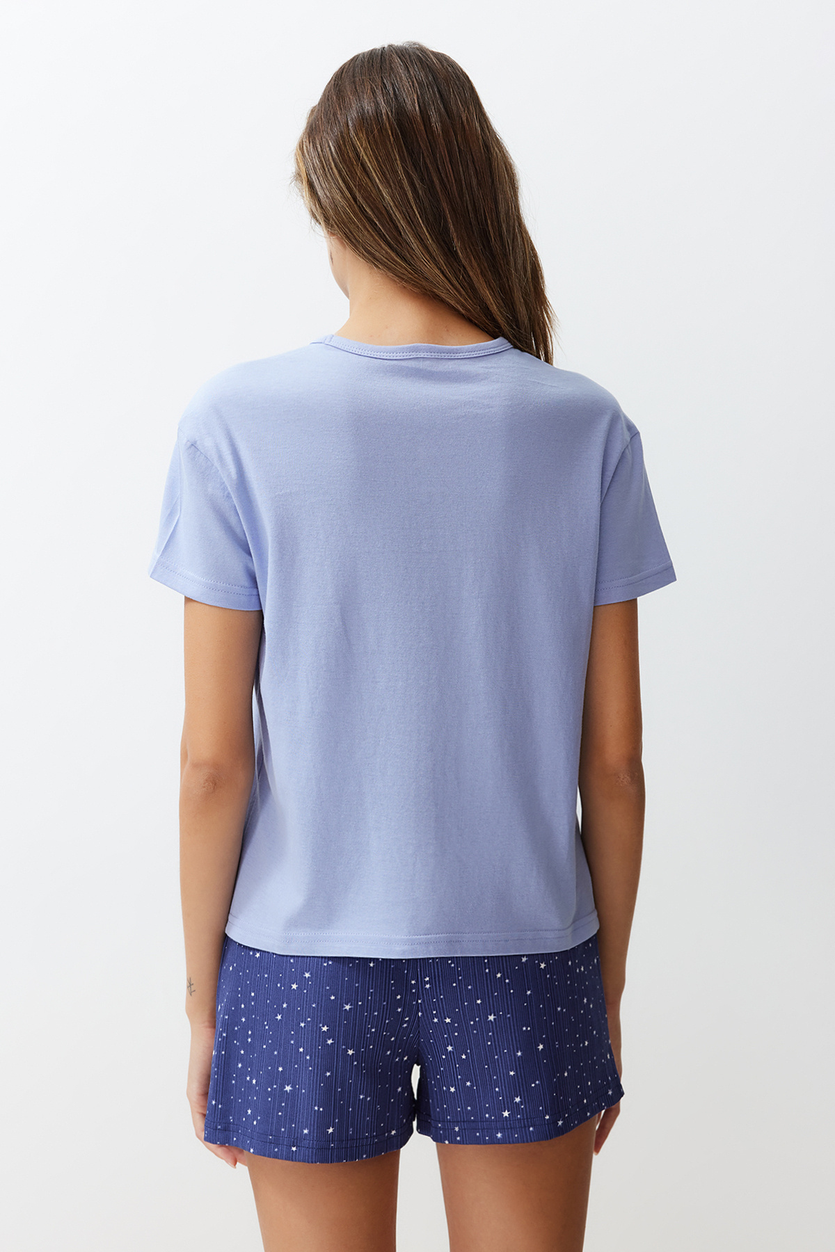 Trendyol Collection-Σετ πιτζάμες με μοτίβο αστεριών 100% βαμβακερό μπλε σορτς - THMSS24PT00202 6