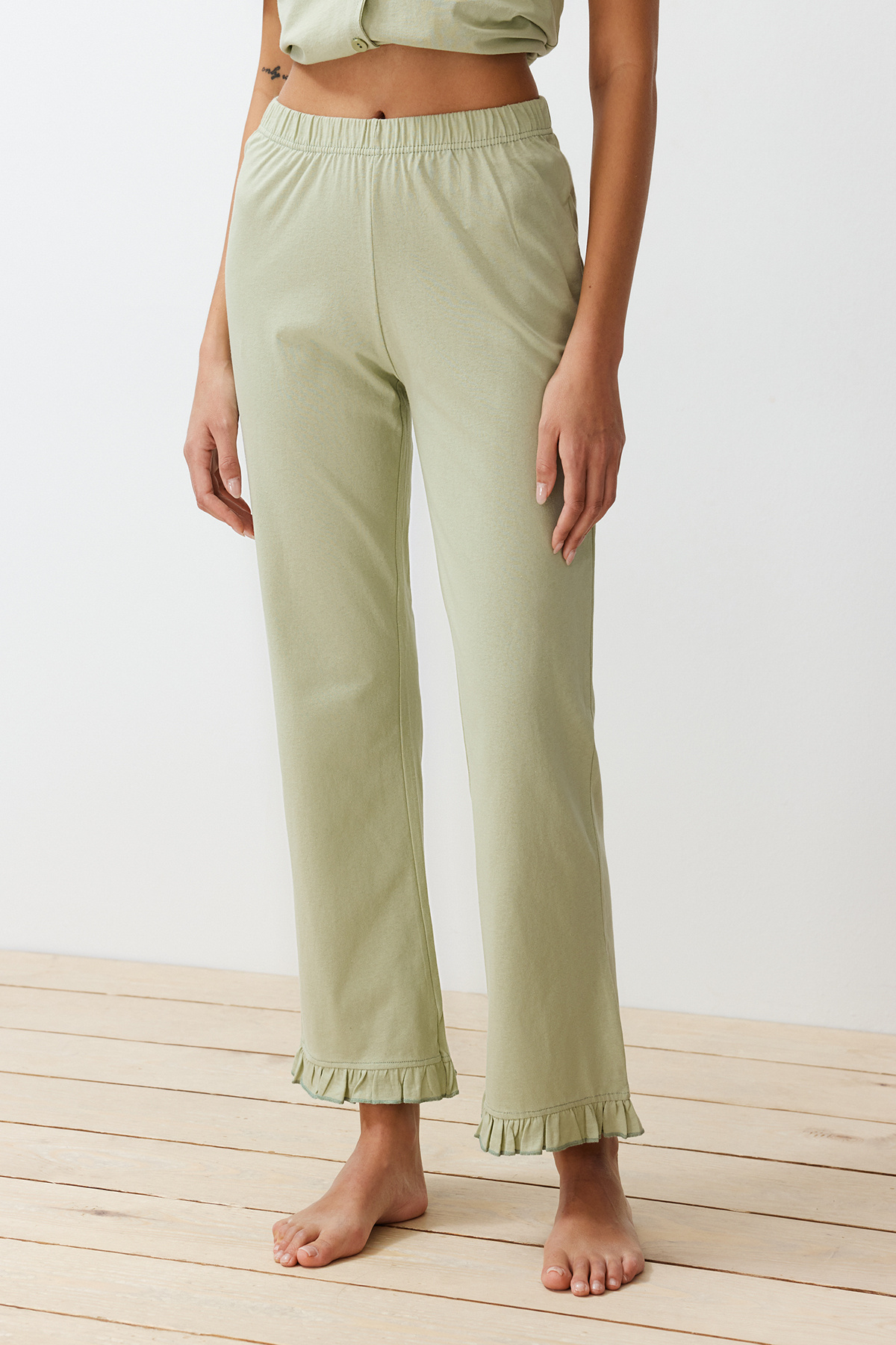 Trendyolmilla  Mint %100 Pamuklu Fırfır Detaylı Örme Pijama Takımı THMSS24PT00223 - Görsel 5