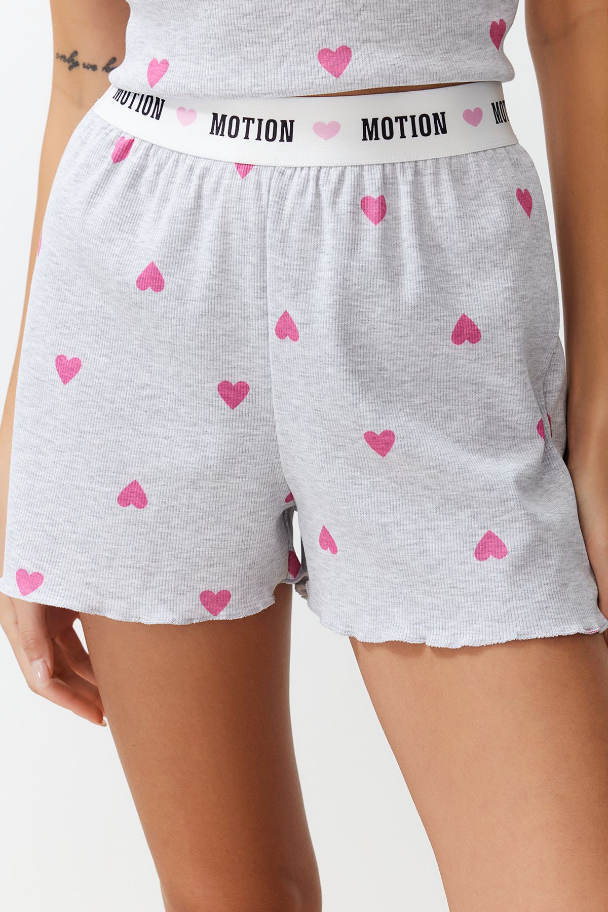 Trendyol Collection-Hearted Gray Melange Slogan Pajama Shorts Set - Thmss24Pt00220 4