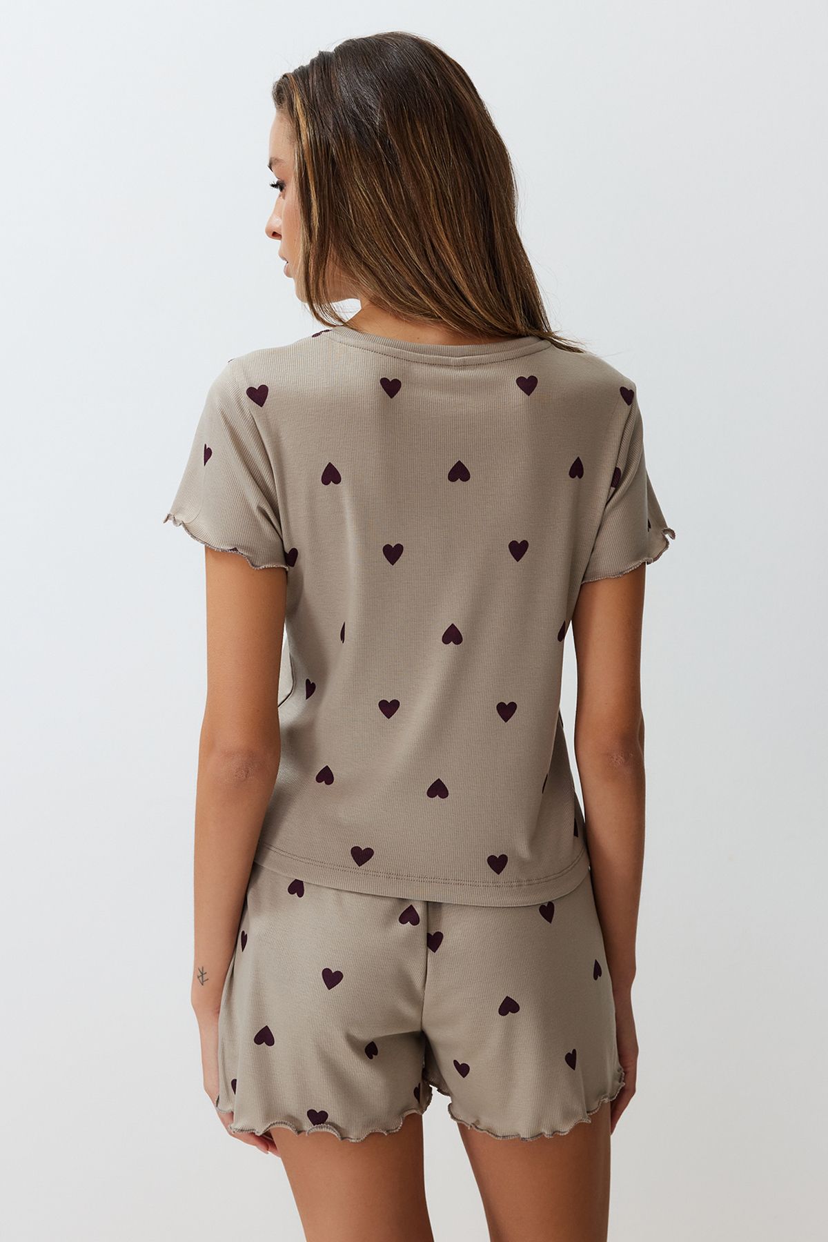 Trendyol Collection-Mintfarbenes, mit Herz-Slogan bedrucktes, elastisches, geripptes Shorts-Strick-Pyjama-Set THMSS24PT00220 6