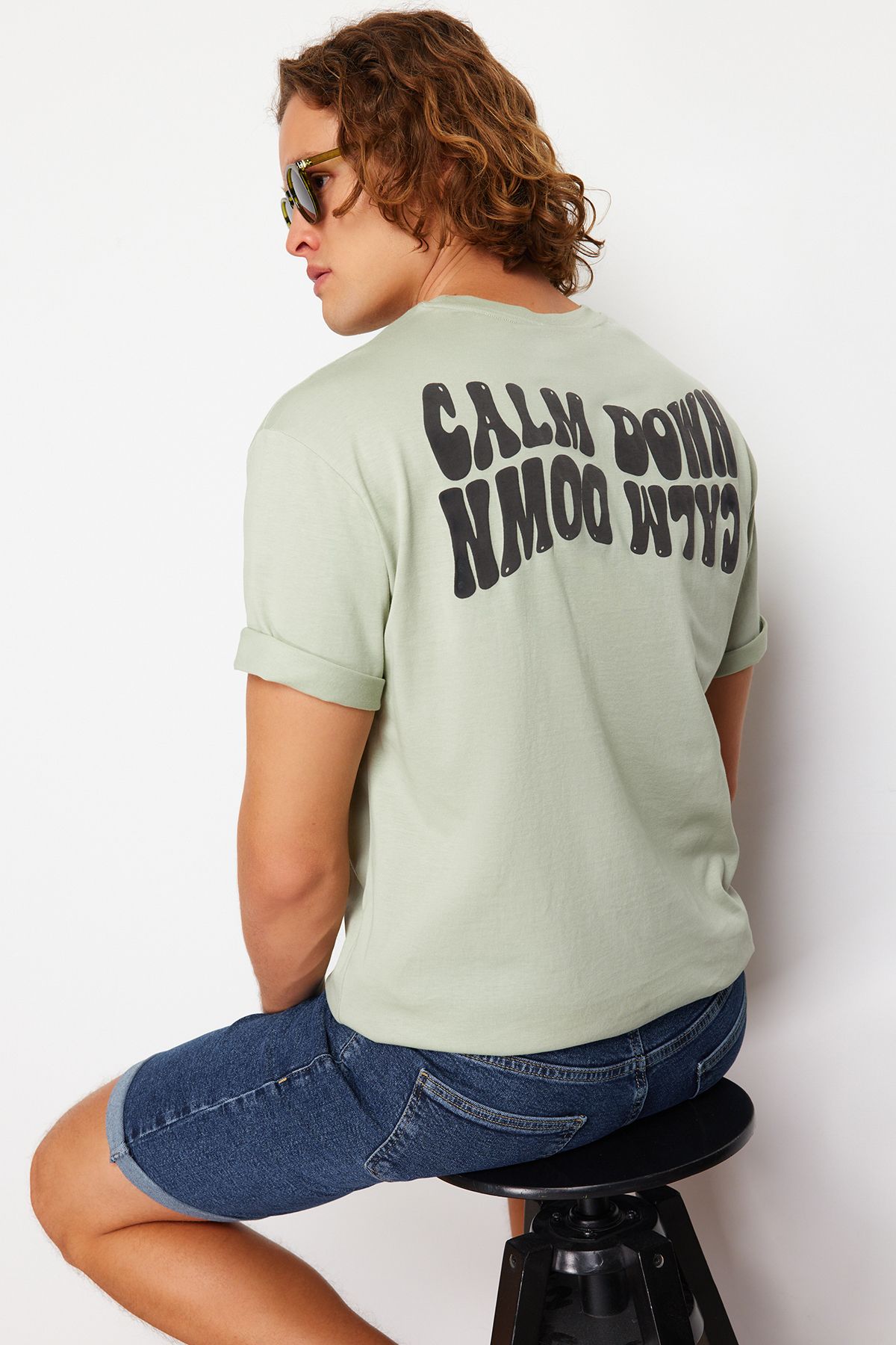 Trendyol Collection-Mátový načechraný text Zpět Tištěné oversize bavlněné tričko - Tmnss24Ts00117 3