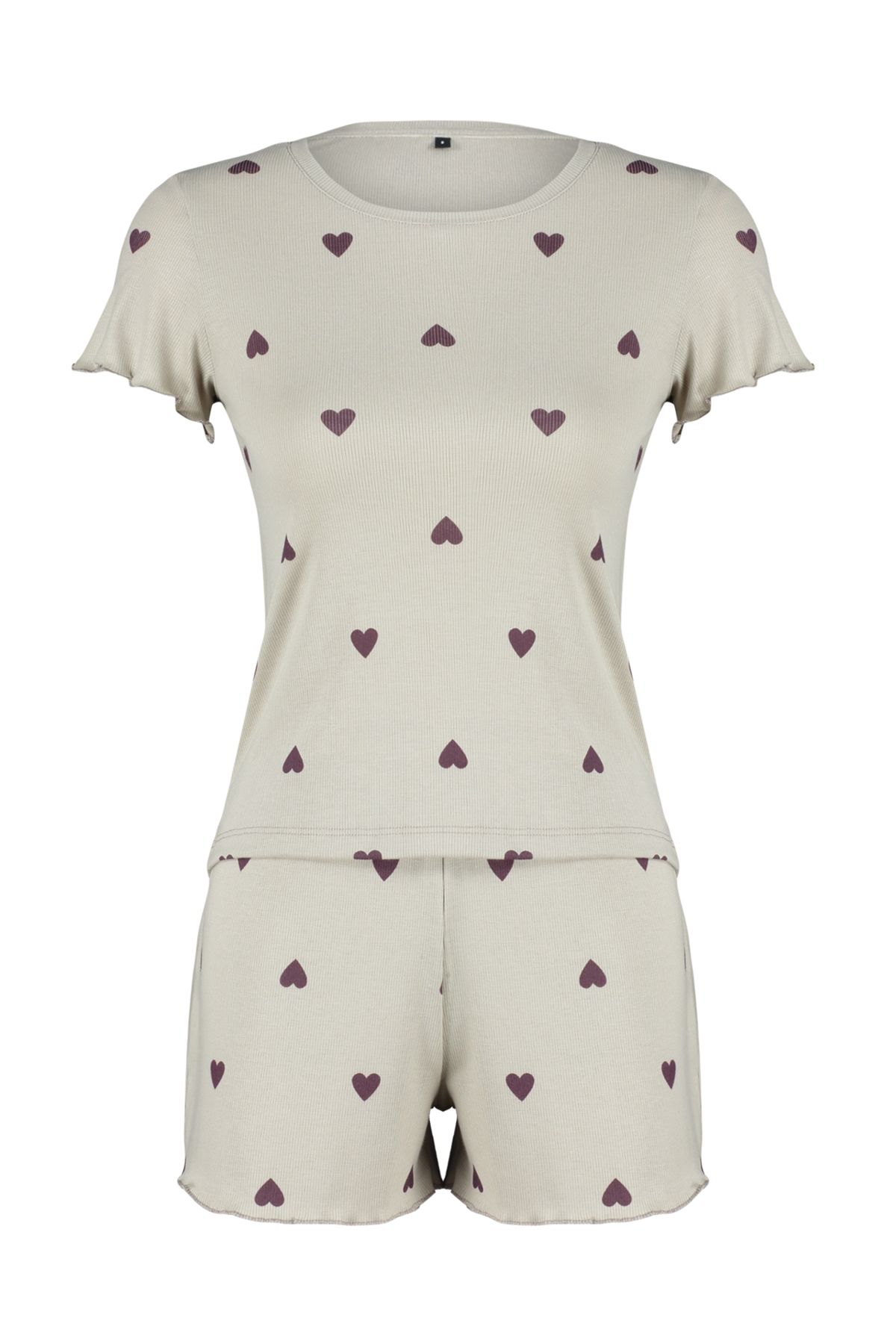 Trendyol Collection-Mintfarbenes, mit Herz-Slogan bedrucktes, elastisches, geripptes Shorts-Strick-Pyjama-Set THMSS24PT00220 7