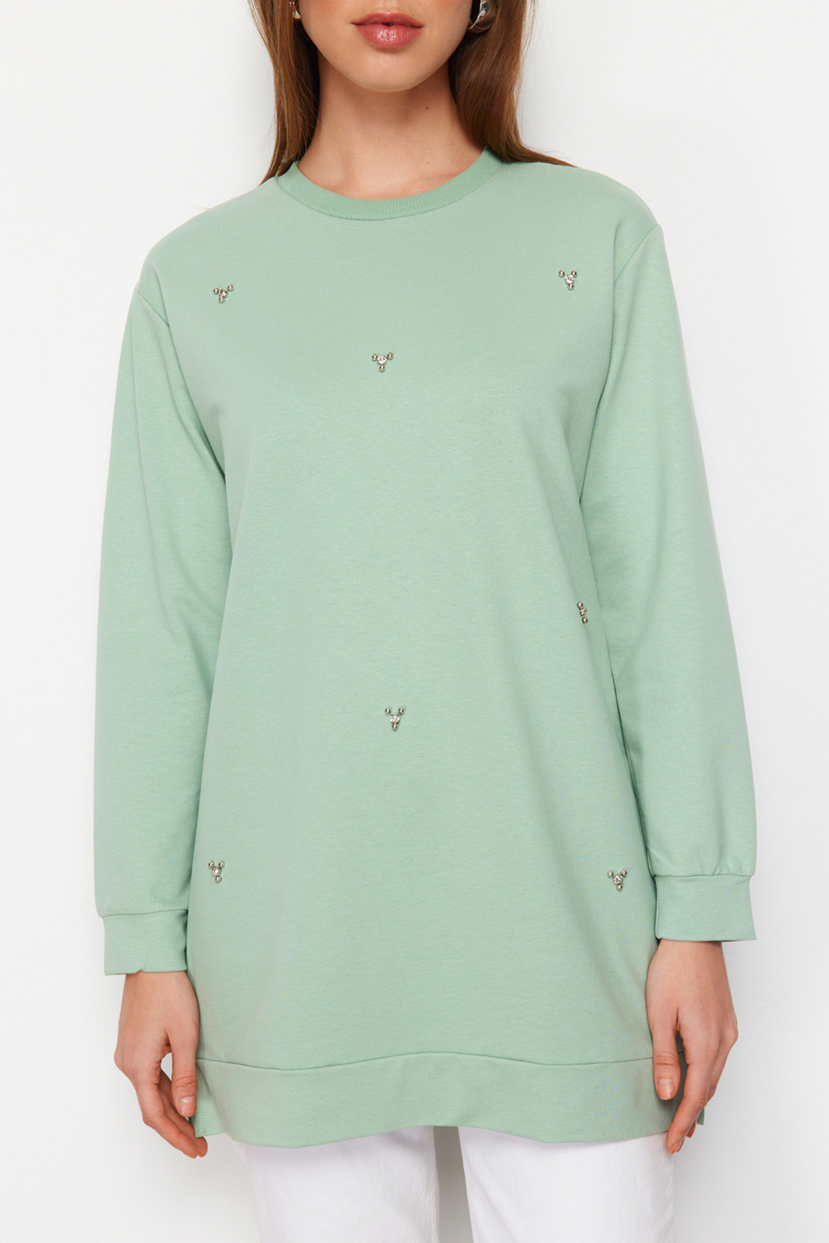 Trendyol Modest-Mintgrüne Stricktunika mit Rundhalsausschnitt und Steindetail TCTSS22TN0072 4