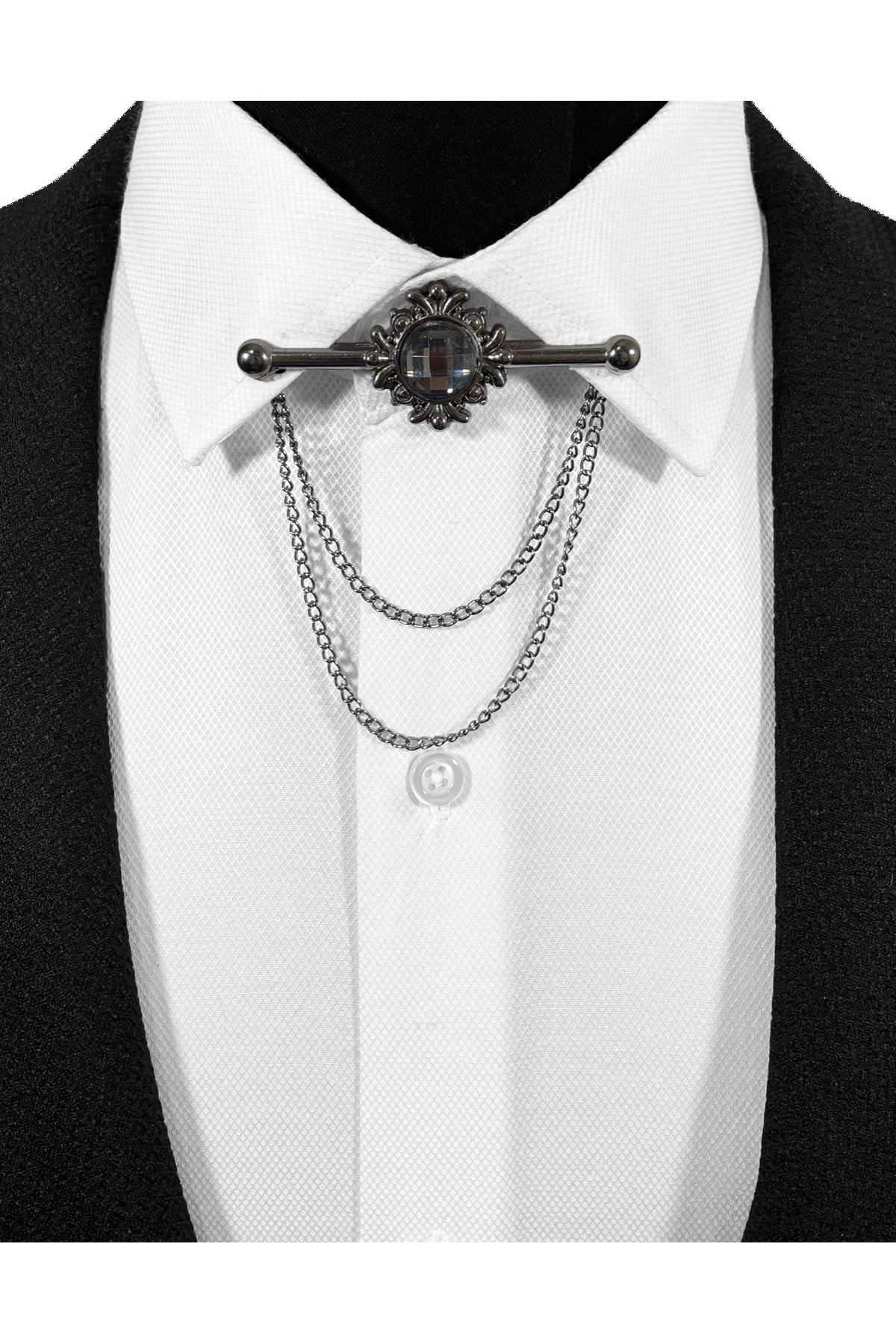 BLC Basic Line Co. Her Gömleğe Uygun Koyu Gümüş Gri Renk Çerçeve İçinde Gri Taşlı Klipsli Yaka İğnesi Yaka Zinciri