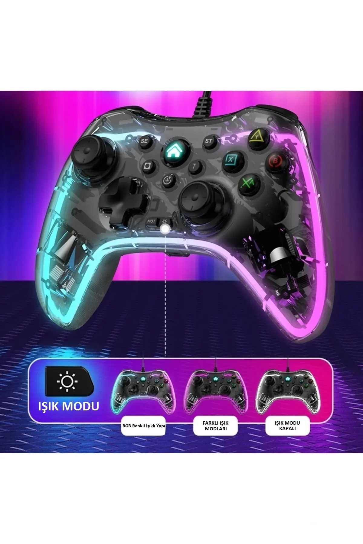 Rgb Işıklı Oyun Kolu Ps3/Ps4/Pc/Switch/Android/Tv Box Uyumlu Joystick Gamepad 2